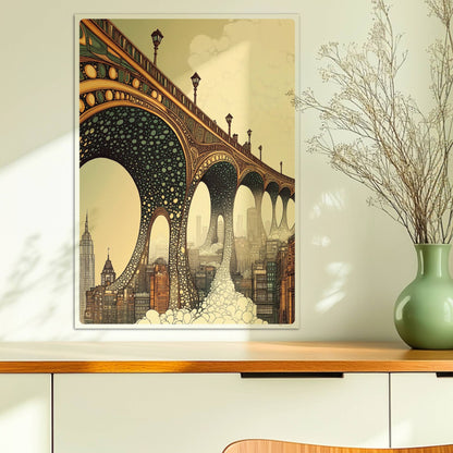 Biomorphic Art Nouveau Bridge Over City – Architectural Wall Art Print. Ohne Rahmen 50x70