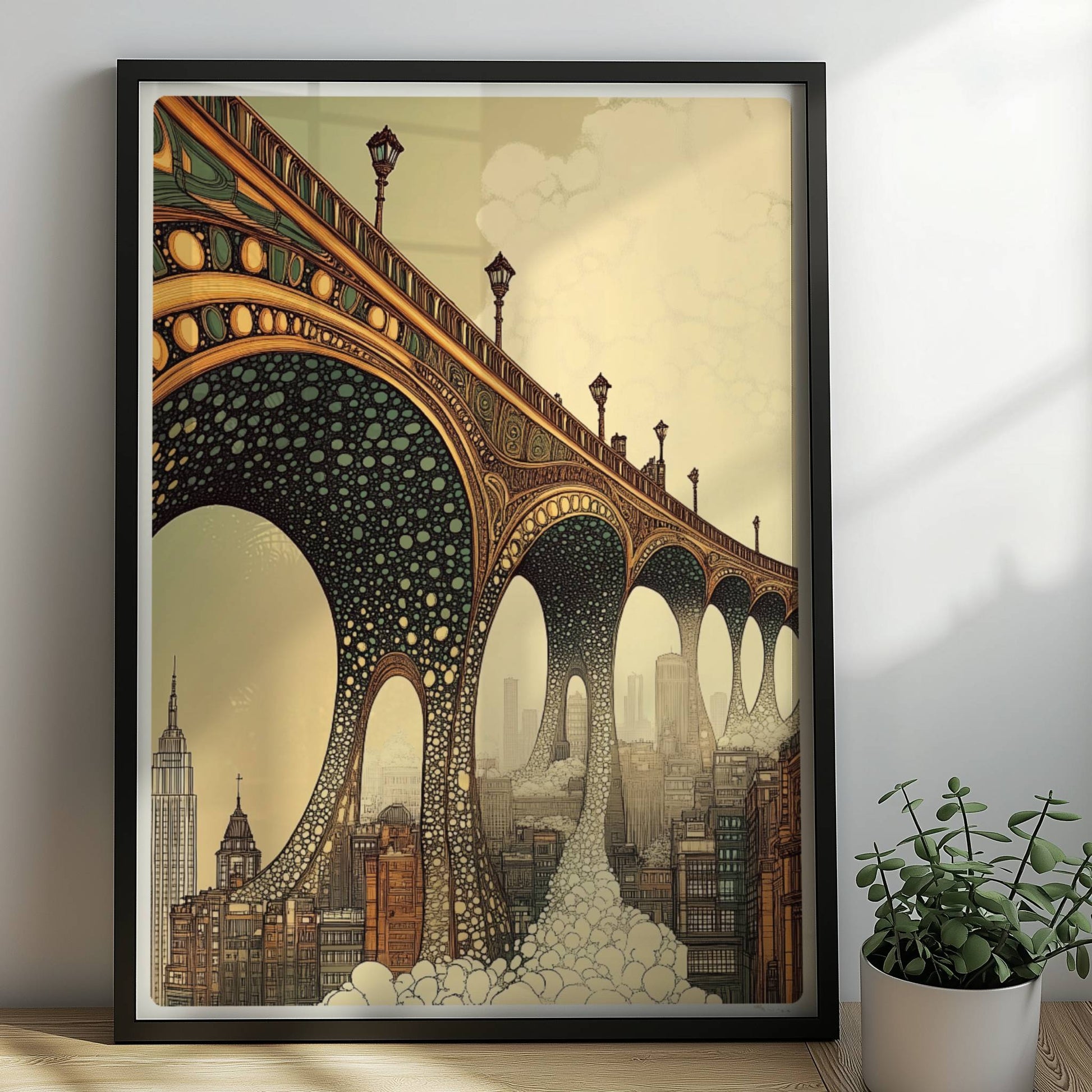Biomorphic Art Nouveau Bridge Over City – Architectural Wall Art Print. Rahmen schwarz 50x70