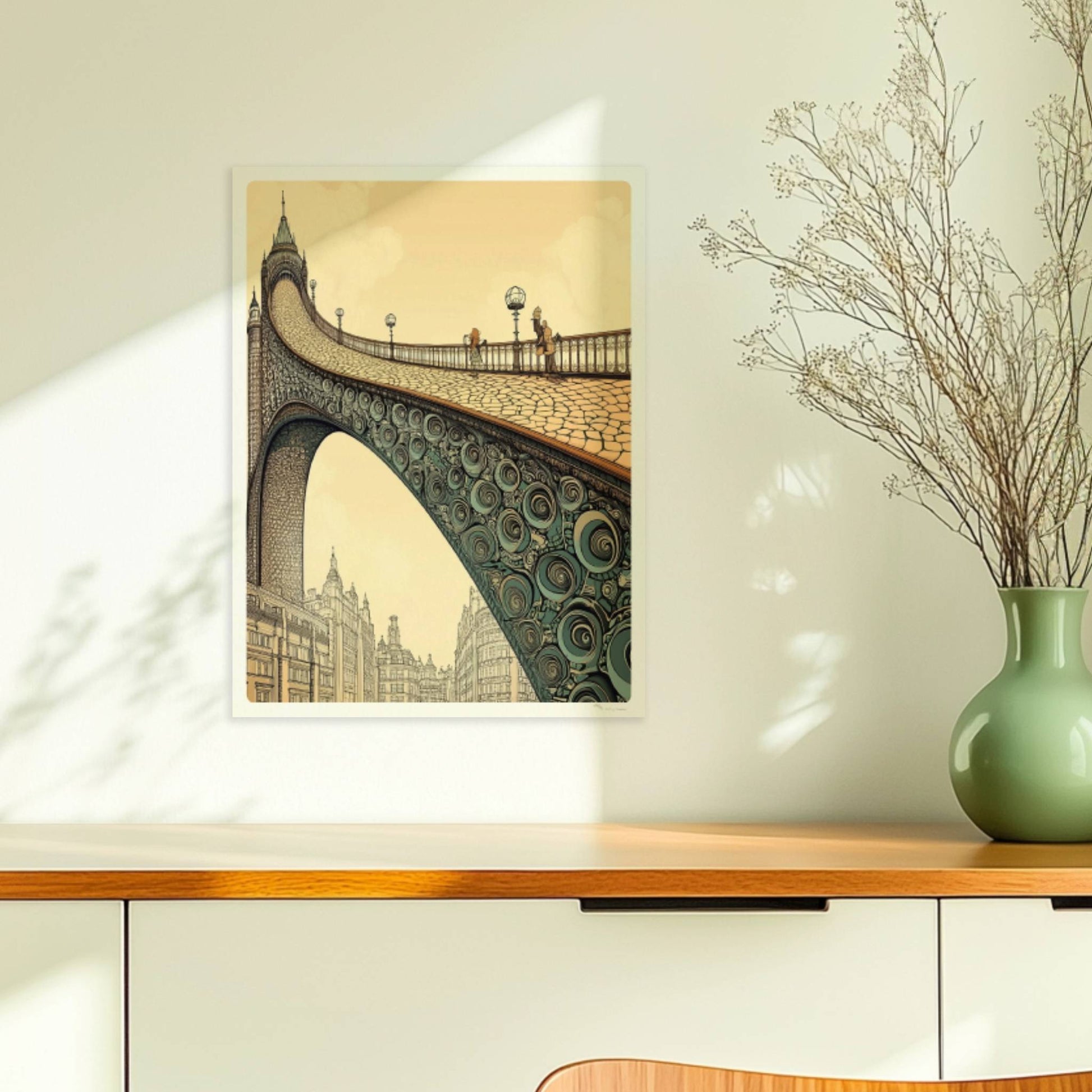 Phantasievolle Brücke mit Ornamenten und Stadtlandschaft, inspiriert von Jugendstil, in warmen Sepiatönen.. Ohne Rahmen 30x40