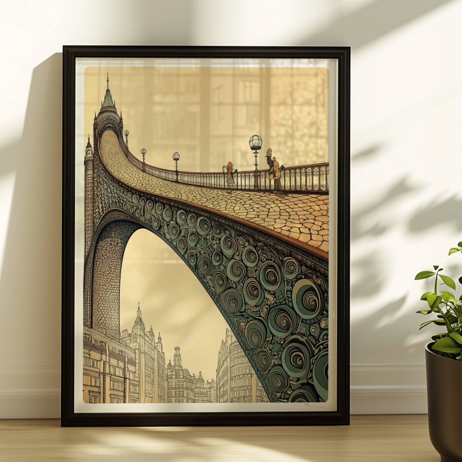 Phantasievolle Brücke mit Ornamenten und Stadtlandschaft, inspiriert von Jugendstil, in warmen Sepiatönen.. Rahmen schwarz 30x40