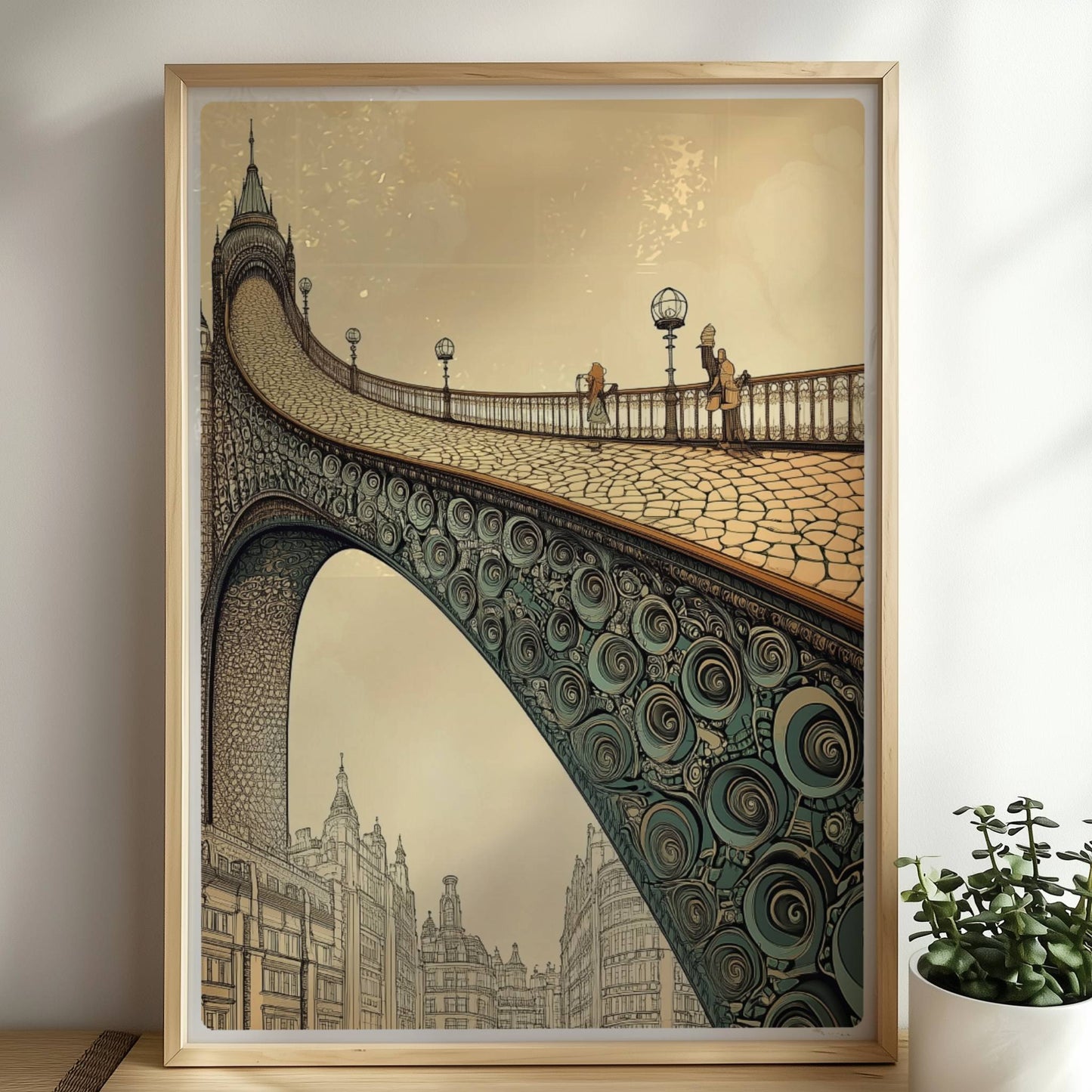 Phantasievolle Brücke mit Ornamenten und Stadtlandschaft, inspiriert von Jugendstil, in warmen Sepiatönen.. Rahmen natur 50x70