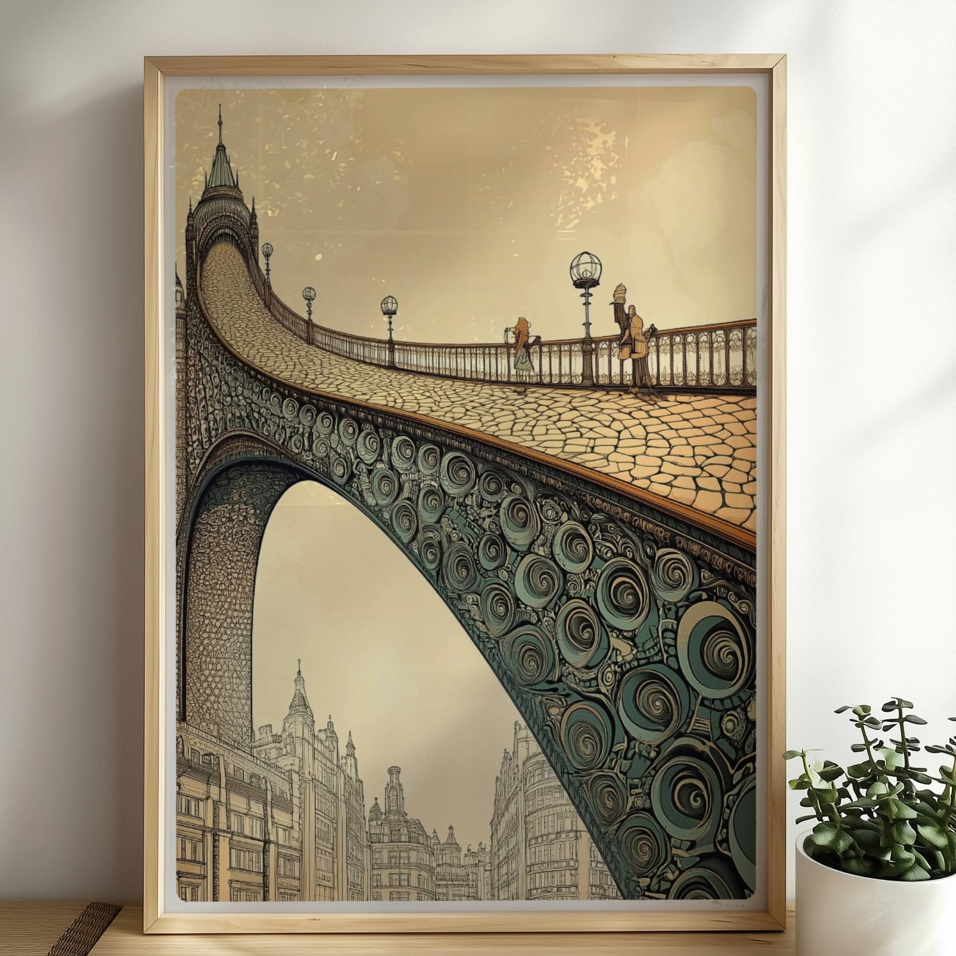 Phantasievolle Brücke mit Ornamenten und Stadtlandschaft, inspiriert von Jugendstil, in warmen Sepiatönen.. Rahmen natur 50x70