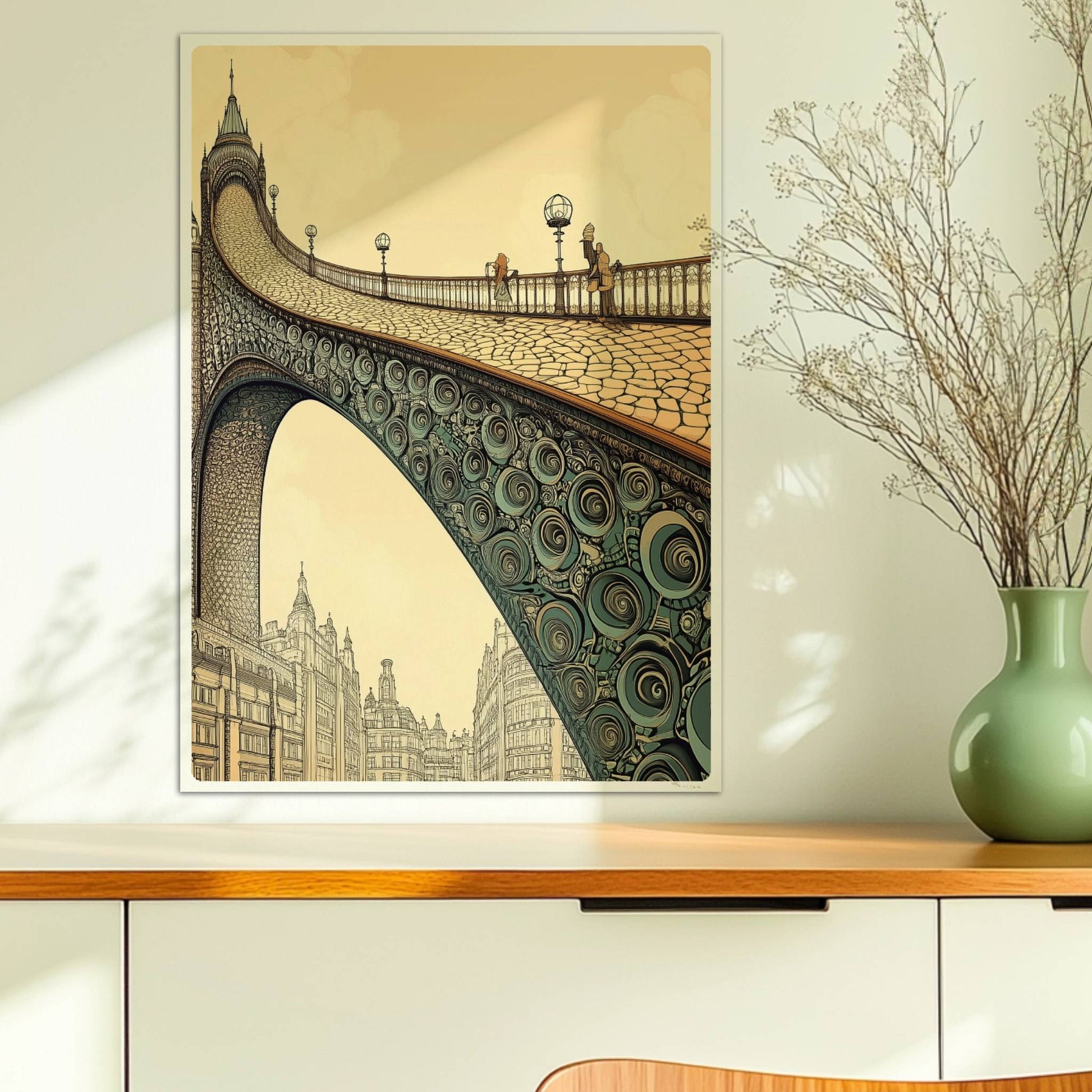 Phantasievolle Brücke mit Ornamenten und Stadtlandschaft, inspiriert von Jugendstil, in warmen Sepiatönen.. Ohne Rahmen 50x70