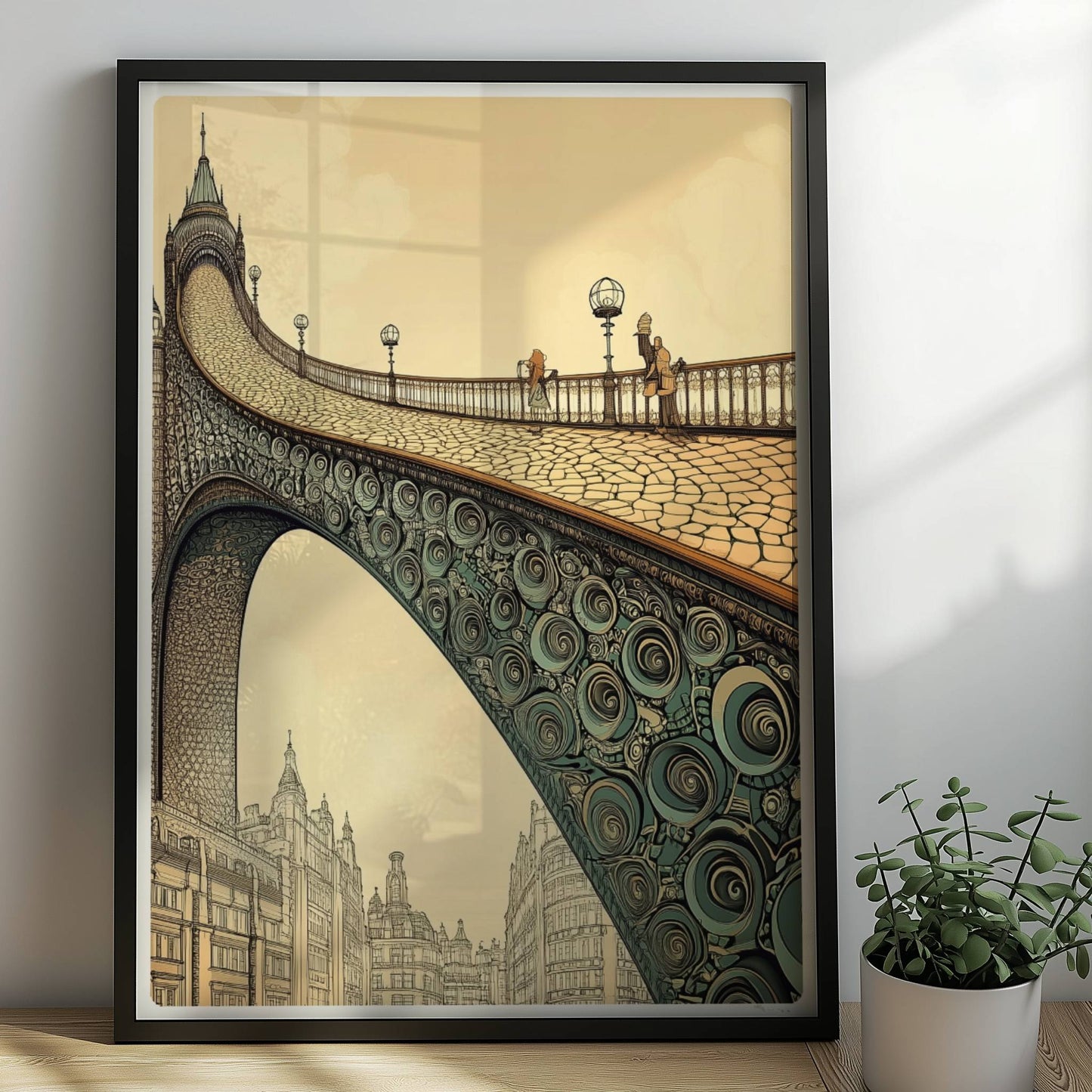 Phantasievolle Brücke mit Ornamenten und Stadtlandschaft, inspiriert von Jugendstil, in warmen Sepiatönen.. Rahmen schwarz 50x70