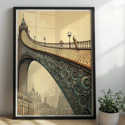 Phantasievolle Brücke mit Ornamenten und Stadtlandschaft, inspiriert von Jugendstil, in warmen Sepiatönen.. Rahmen schwarz 50x70