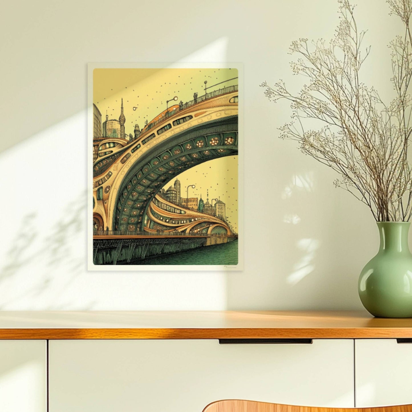 Futuristische Brücke mit geschwungenen Linien und architektonischen Details vor einer modernen Stadtlandschaft, in warmen Farbtönen.. Ohne Rahmen 30x40