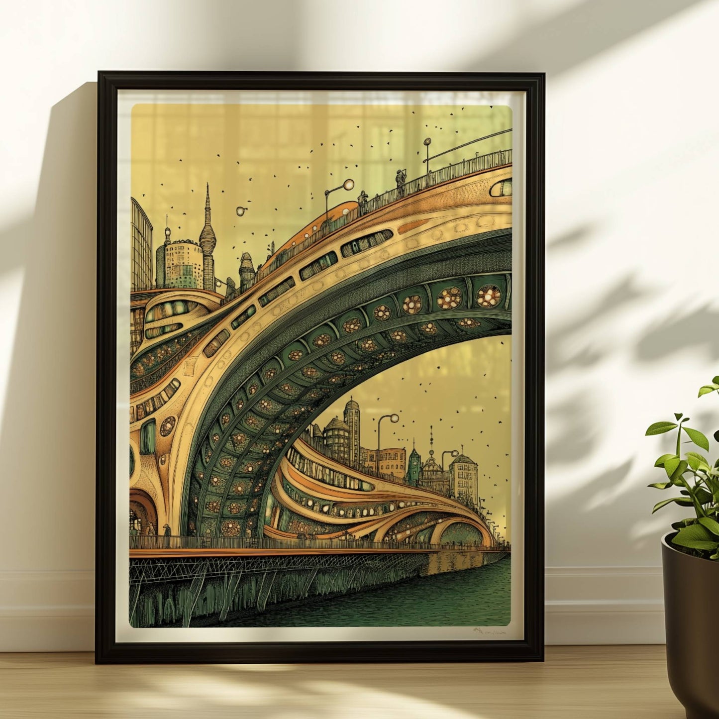 Futuristische Brücke mit geschwungenen Linien und architektonischen Details vor einer modernen Stadtlandschaft, in warmen Farbtönen.. Rahmen schwarz 30x40