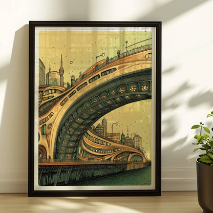 Futuristische Brücke mit geschwungenen Linien und architektonischen Details vor einer modernen Stadtlandschaft, in warmen Farbtönen.. Rahmen schwarz 30x40