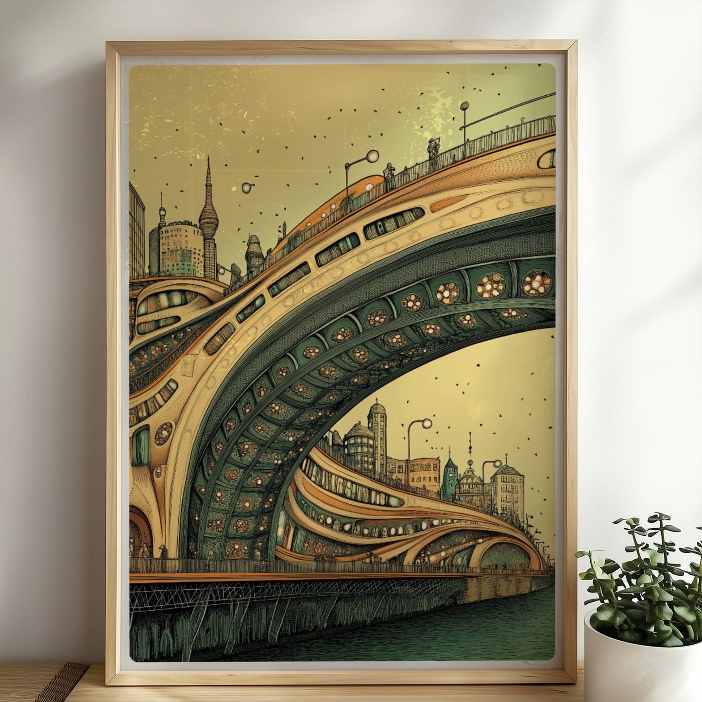 Futuristische Brücke mit geschwungenen Linien und architektonischen Details vor einer modernen Stadtlandschaft, in warmen Farbtönen.. Rahmen natur 50x70