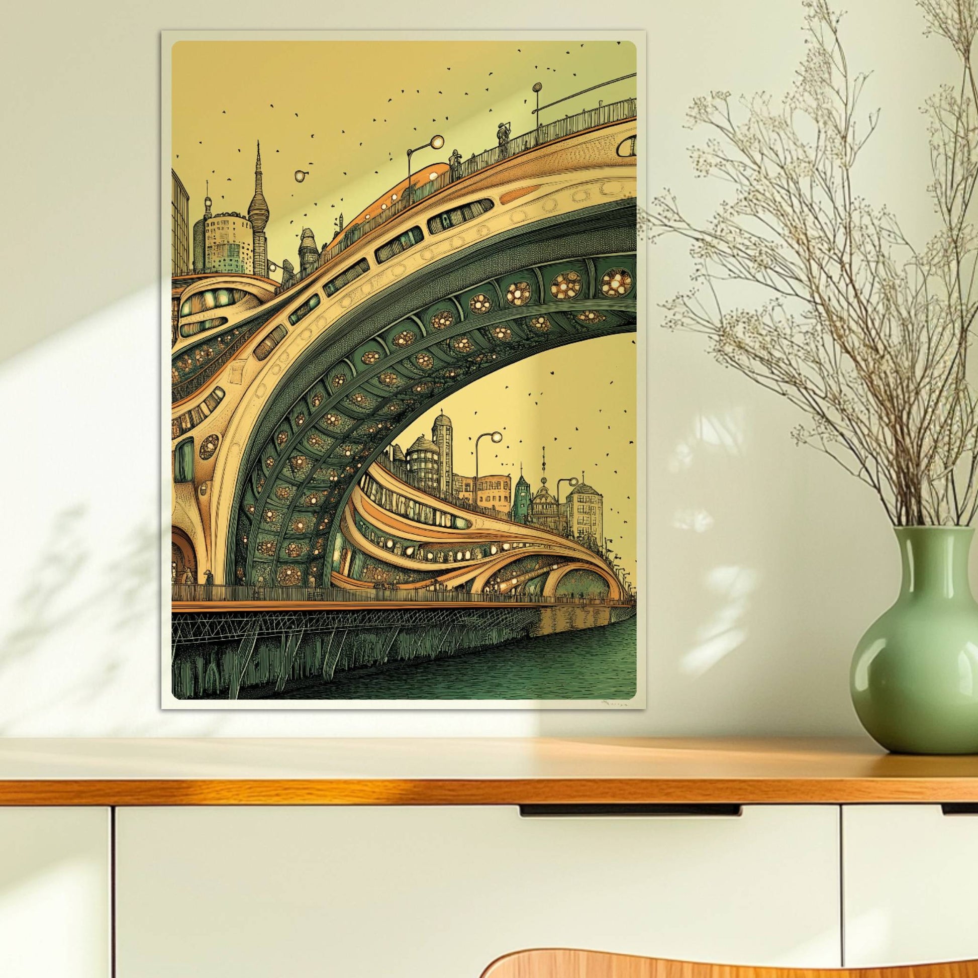 Futuristische Brücke mit geschwungenen Linien und architektonischen Details vor einer modernen Stadtlandschaft, in warmen Farbtönen.. Ohne Rahmen 50x70
