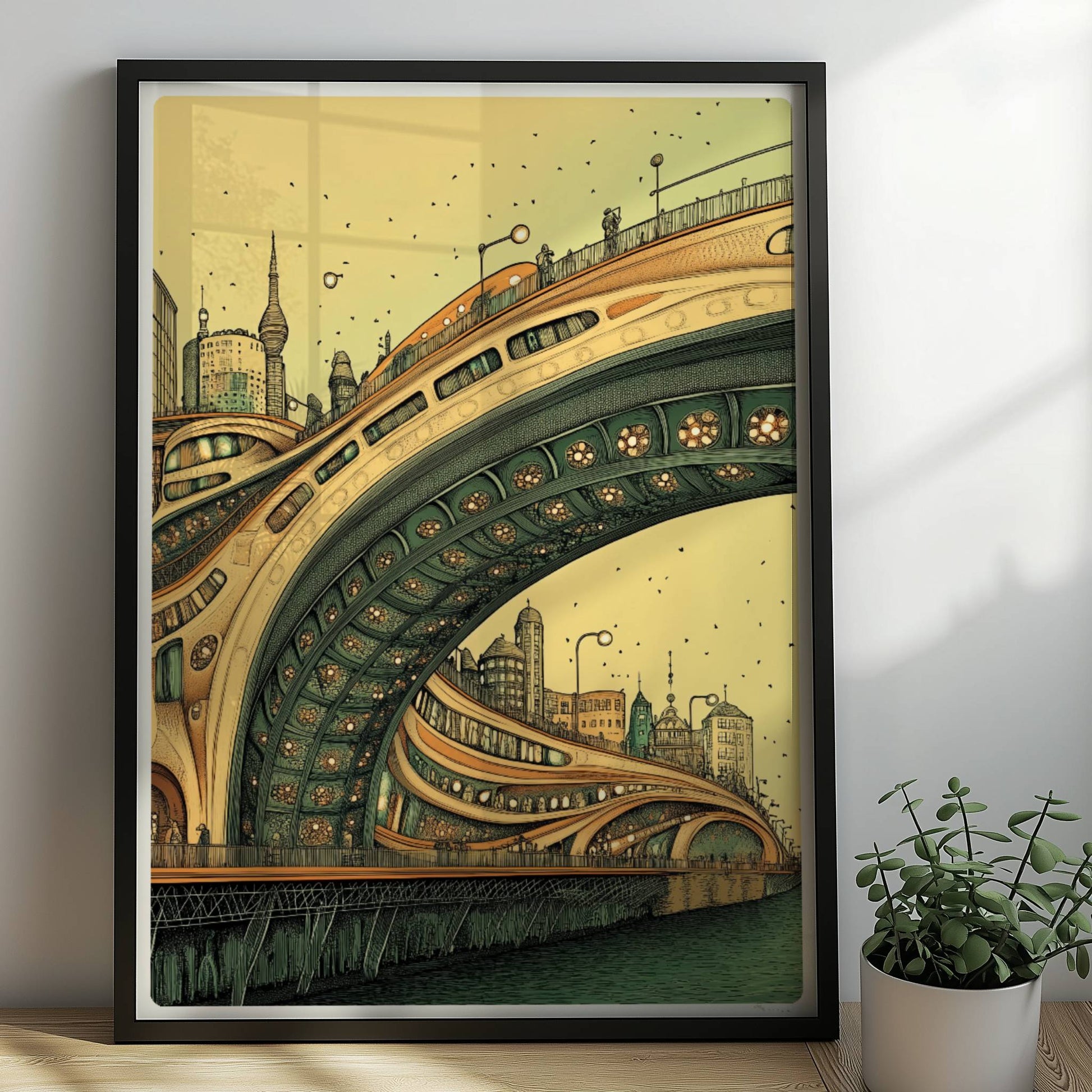 Futuristische Brücke mit geschwungenen Linien und architektonischen Details vor einer modernen Stadtlandschaft, in warmen Farbtönen.. Rahmen schwarz 50x70