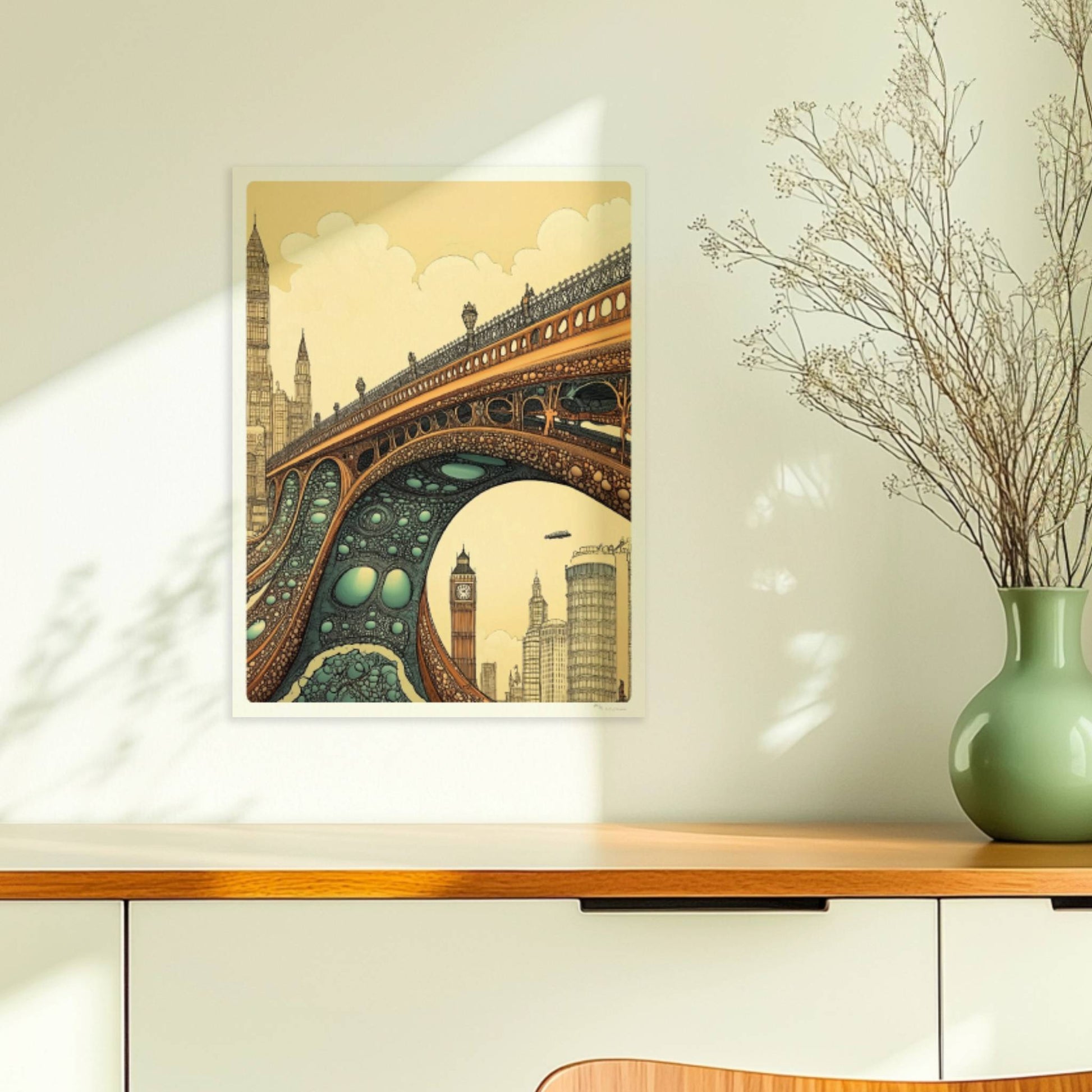Futuristische Brücke mit organischen Strukturen und Ausblick auf Big Ben und Londoner Skyline, fantasievoll illustriert.. Ohne Rahmen 30x40