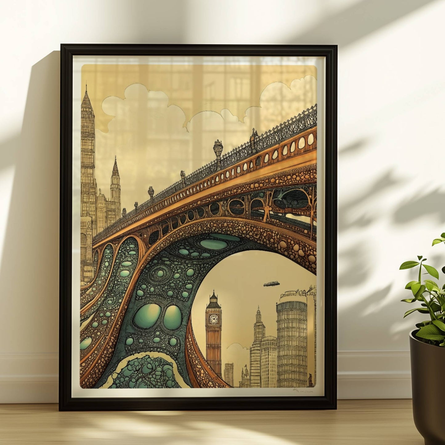 Futuristische Brücke mit organischen Strukturen und Ausblick auf Big Ben und Londoner Skyline, fantasievoll illustriert.. Rahmen schwarz 30x40