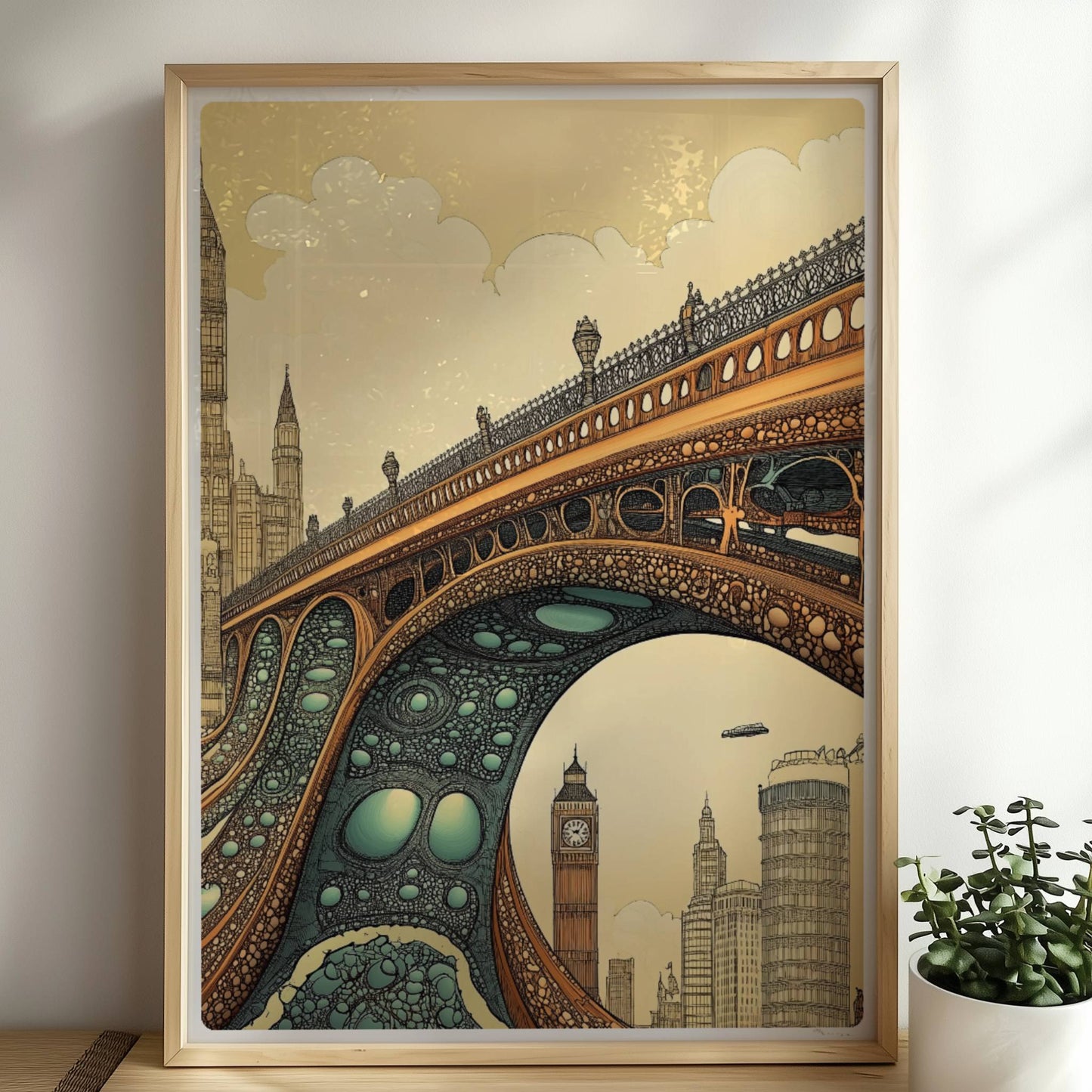 Futuristische Brücke mit organischen Strukturen und Ausblick auf Big Ben und Londoner Skyline, fantasievoll illustriert.. Rahmen natur 50x70