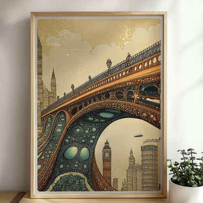 Futuristische Brücke mit organischen Strukturen und Ausblick auf Big Ben und Londoner Skyline, fantasievoll illustriert.. Rahmen natur 50x70