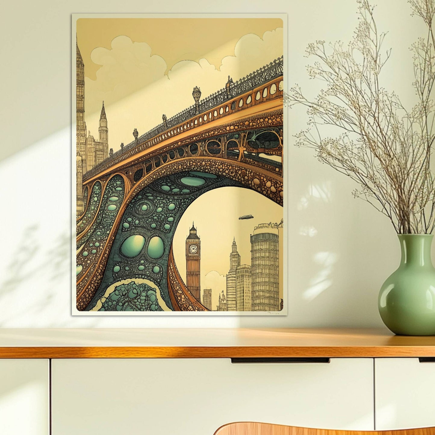 Futuristische Brücke mit organischen Strukturen und Ausblick auf Big Ben und Londoner Skyline, fantasievoll illustriert.. Ohne Rahmen 50x70