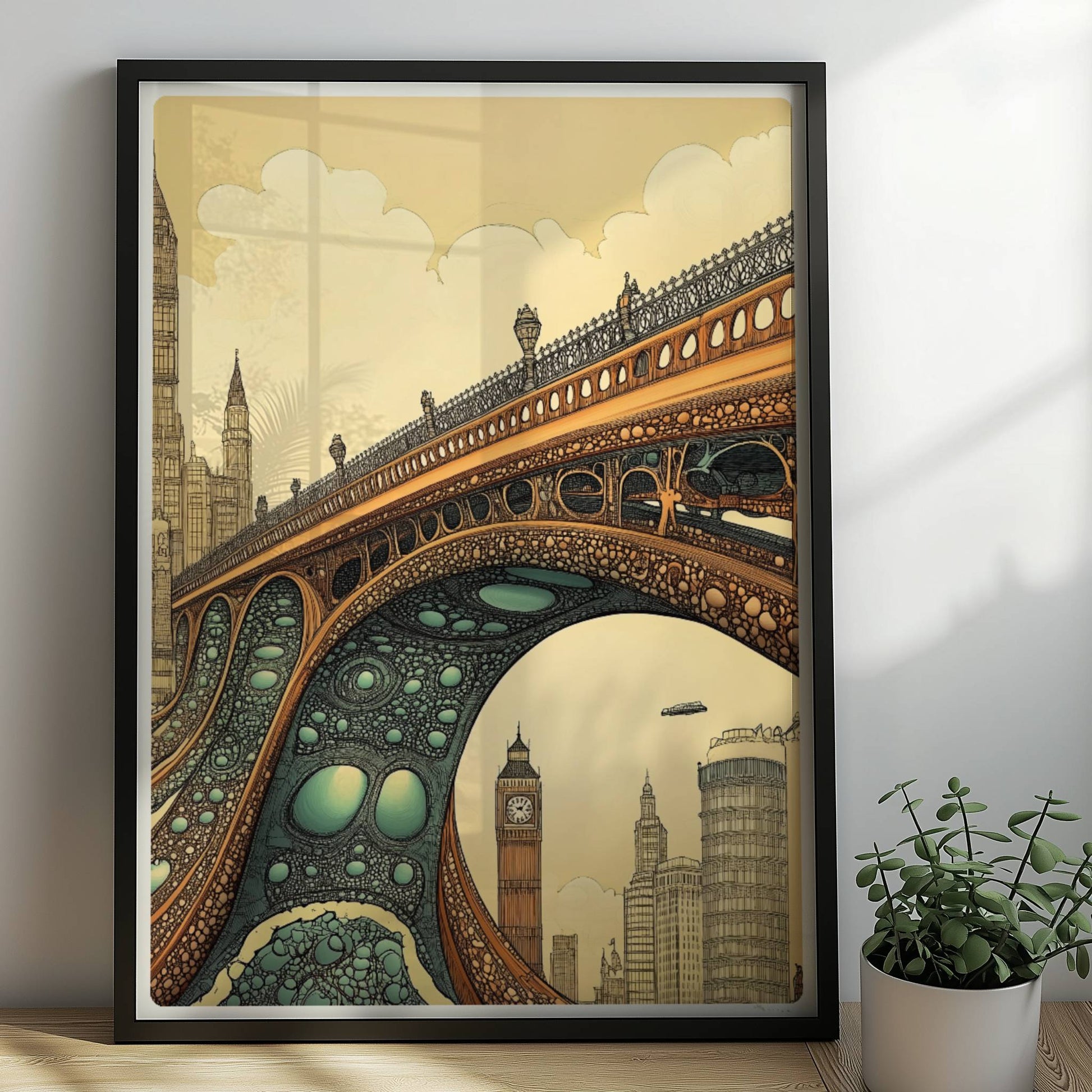 Futuristische Brücke mit organischen Strukturen und Ausblick auf Big Ben und Londoner Skyline, fantasievoll illustriert.. Rahmen schwarz 50x70