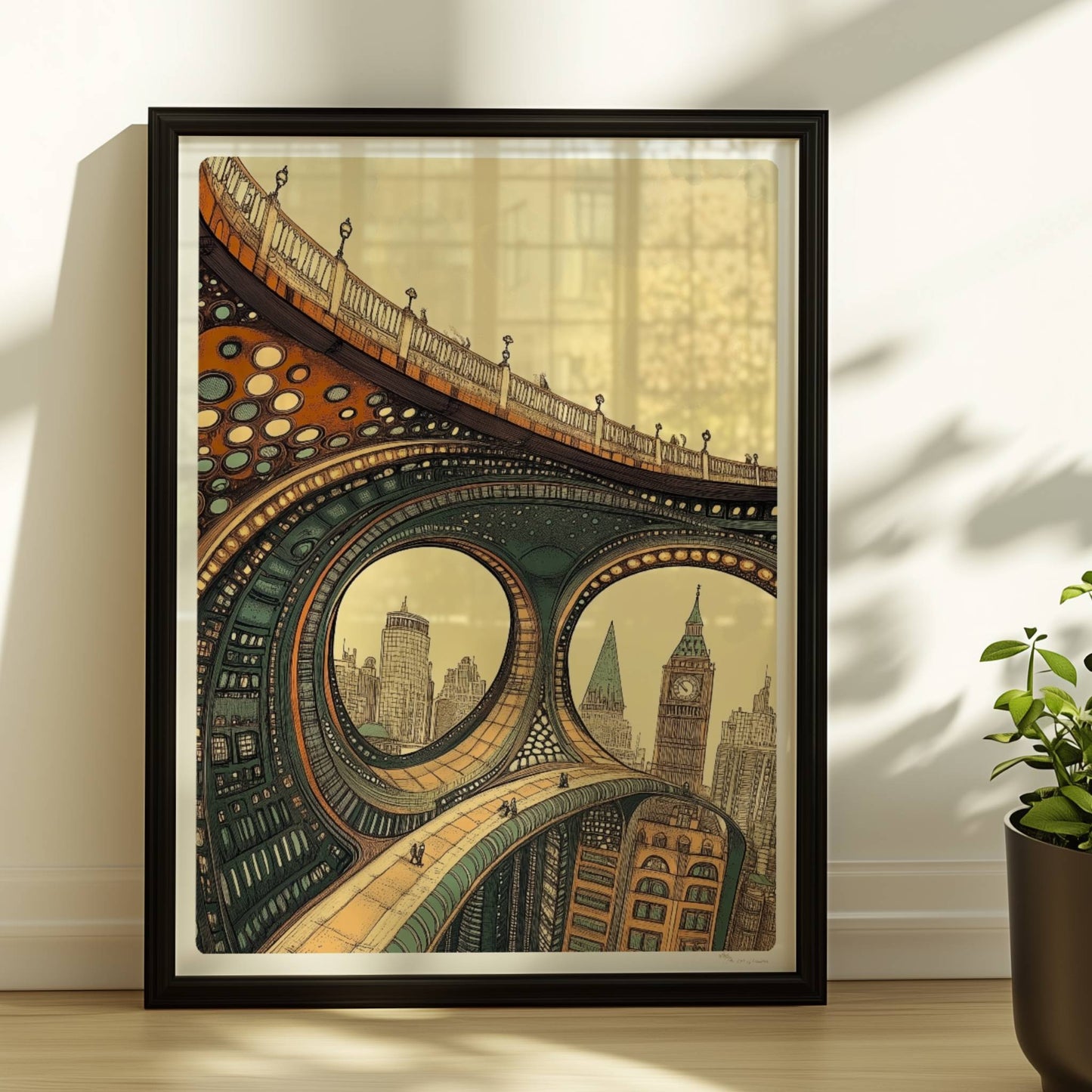 Abstrakte, futuristische Brücke mit geschwungenen Bögen, organischen Mustern und Blick auf Big Ben und moderne Stadtsilhouette.. Rahmen schwarz 30x40
