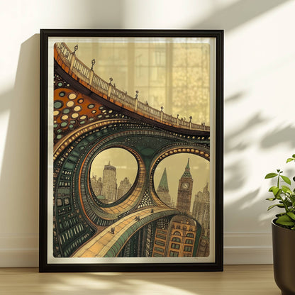 Abstrakte, futuristische Brücke mit geschwungenen Bögen, organischen Mustern und Blick auf Big Ben und moderne Stadtsilhouette.. Rahmen schwarz 30x40