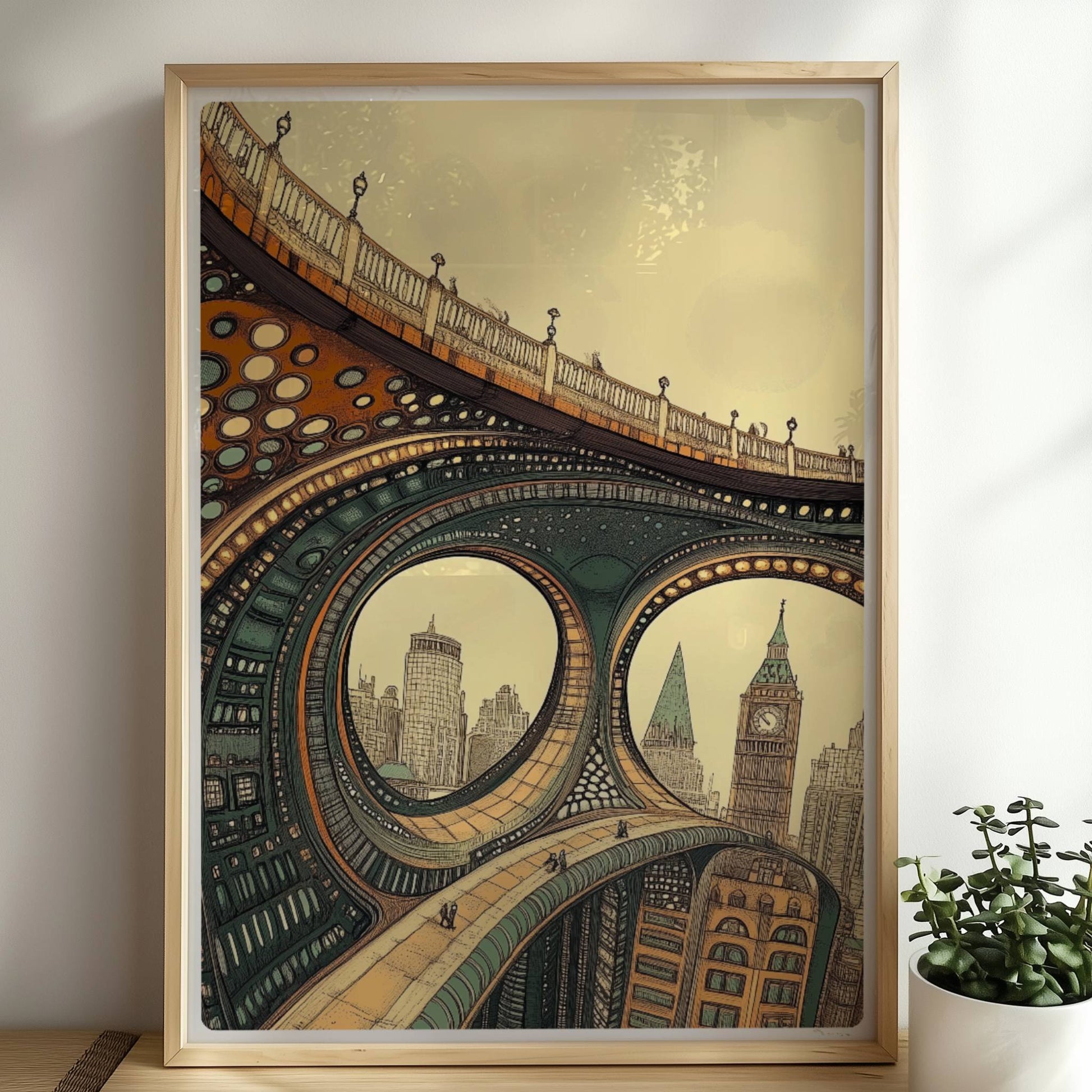 Abstrakte, futuristische Brücke mit geschwungenen Bögen, organischen Mustern und Blick auf Big Ben und moderne Stadtsilhouette.. Rahmen natur 50x70