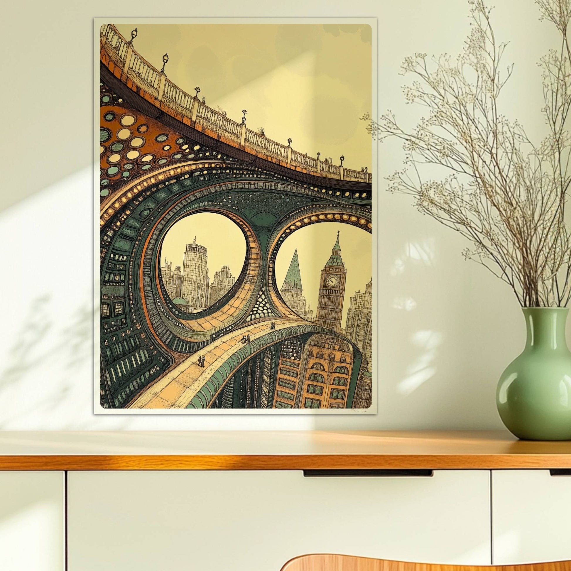 Abstrakte, futuristische Brücke mit geschwungenen Bögen, organischen Mustern und Blick auf Big Ben und moderne Stadtsilhouette.. Ohne Rahmen 50x70