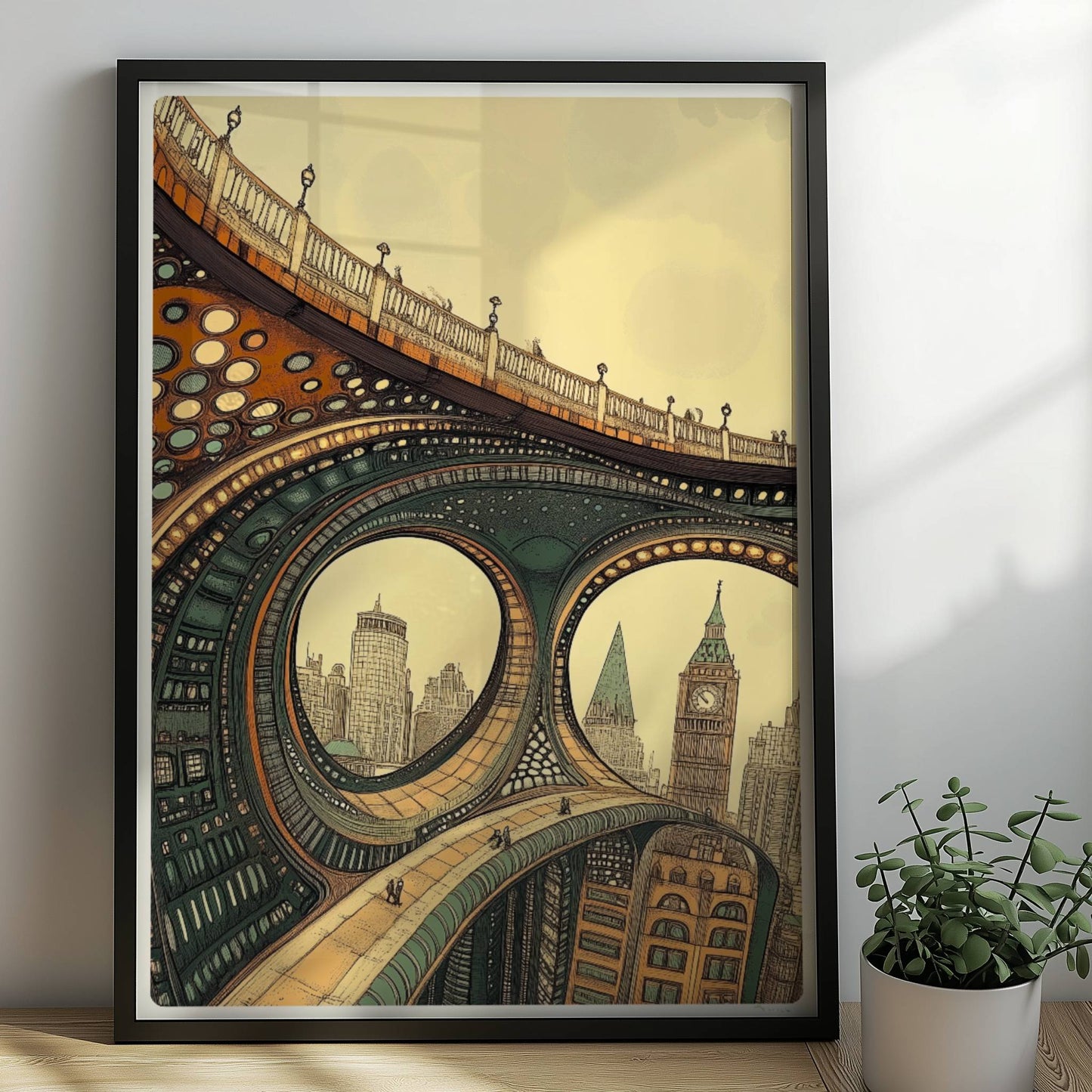 Abstrakte, futuristische Brücke mit geschwungenen Bögen, organischen Mustern und Blick auf Big Ben und moderne Stadtsilhouette.. Rahmen schwarz 50x70