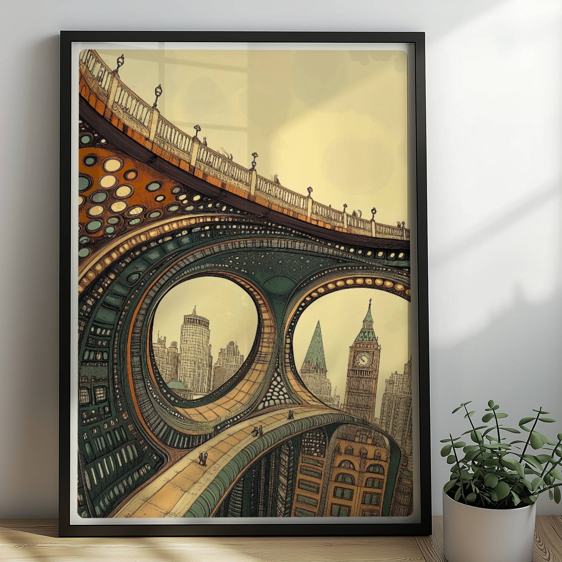 Abstrakte, futuristische Brücke mit geschwungenen Bögen, organischen Mustern und Blick auf Big Ben und moderne Stadtsilhouette.. Rahmen schwarz 50x70