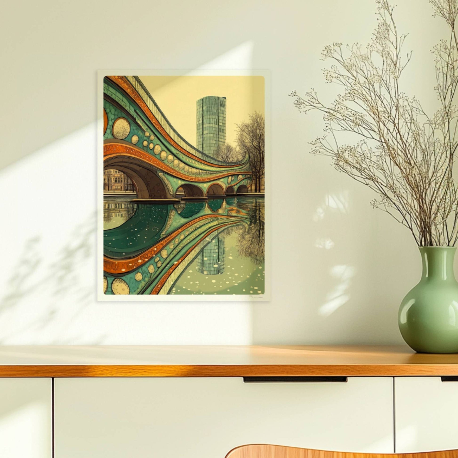 Futuristische Brücke mit organischen Bögen, leuchtenden Farben und Spiegelung im ruhigen Wasser vor moderner Stadtkulisse.. Ohne Rahmen 30x40