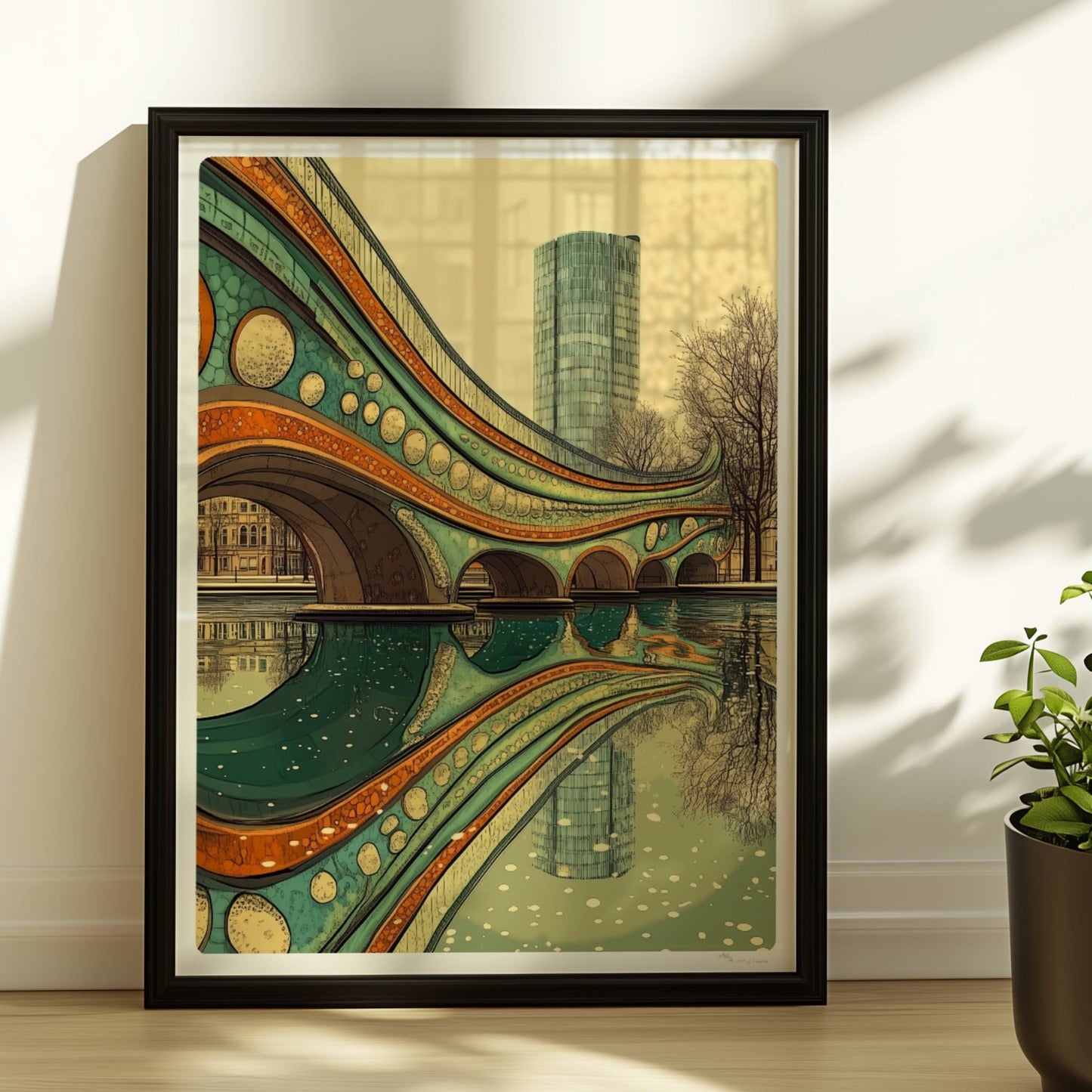 Futuristische Brücke mit organischen Bögen, leuchtenden Farben und Spiegelung im ruhigen Wasser vor moderner Stadtkulisse.. Rahmen schwarz 30x40