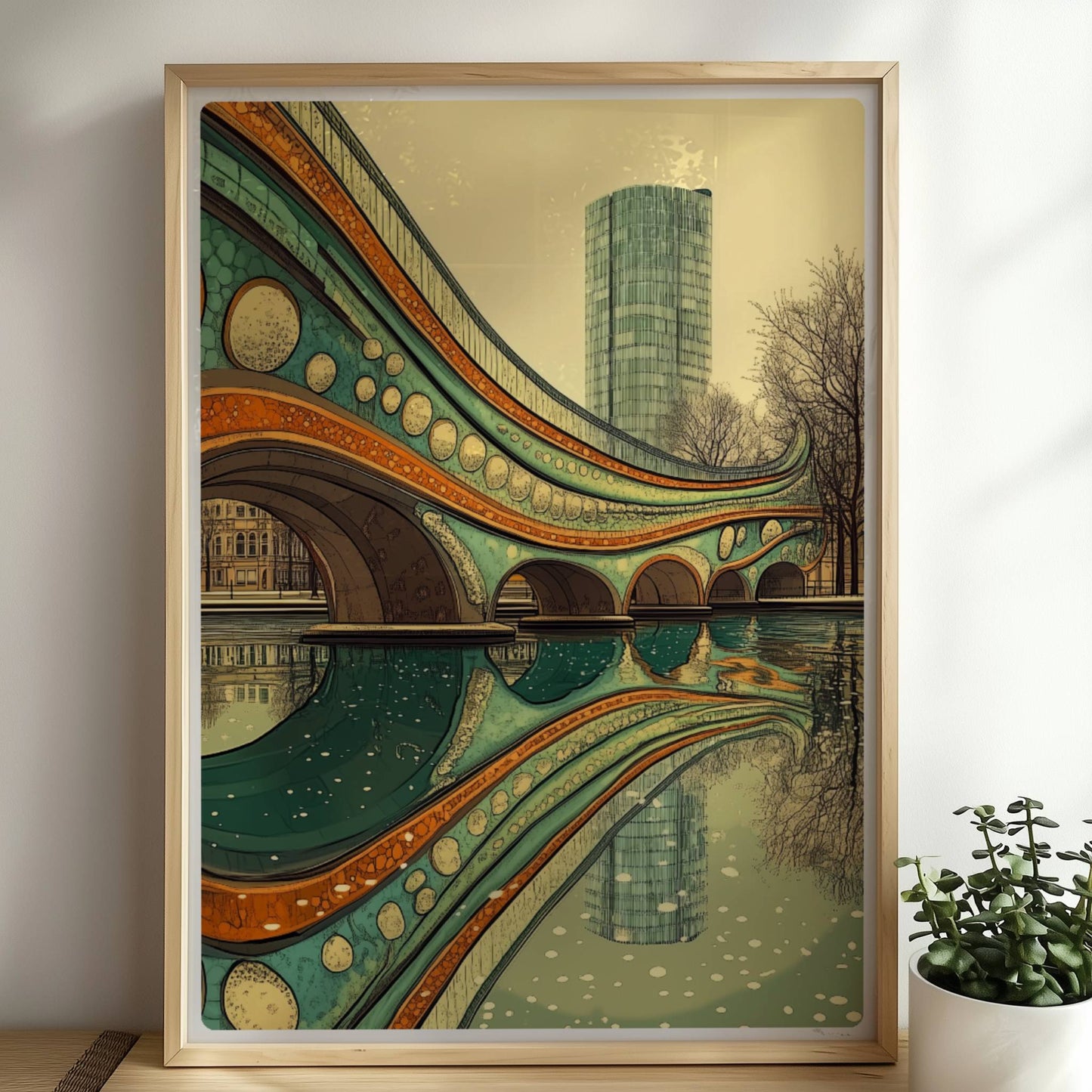 Futuristische Brücke mit organischen Bögen, leuchtenden Farben und Spiegelung im ruhigen Wasser vor moderner Stadtkulisse.. Rahmen natur 50x70