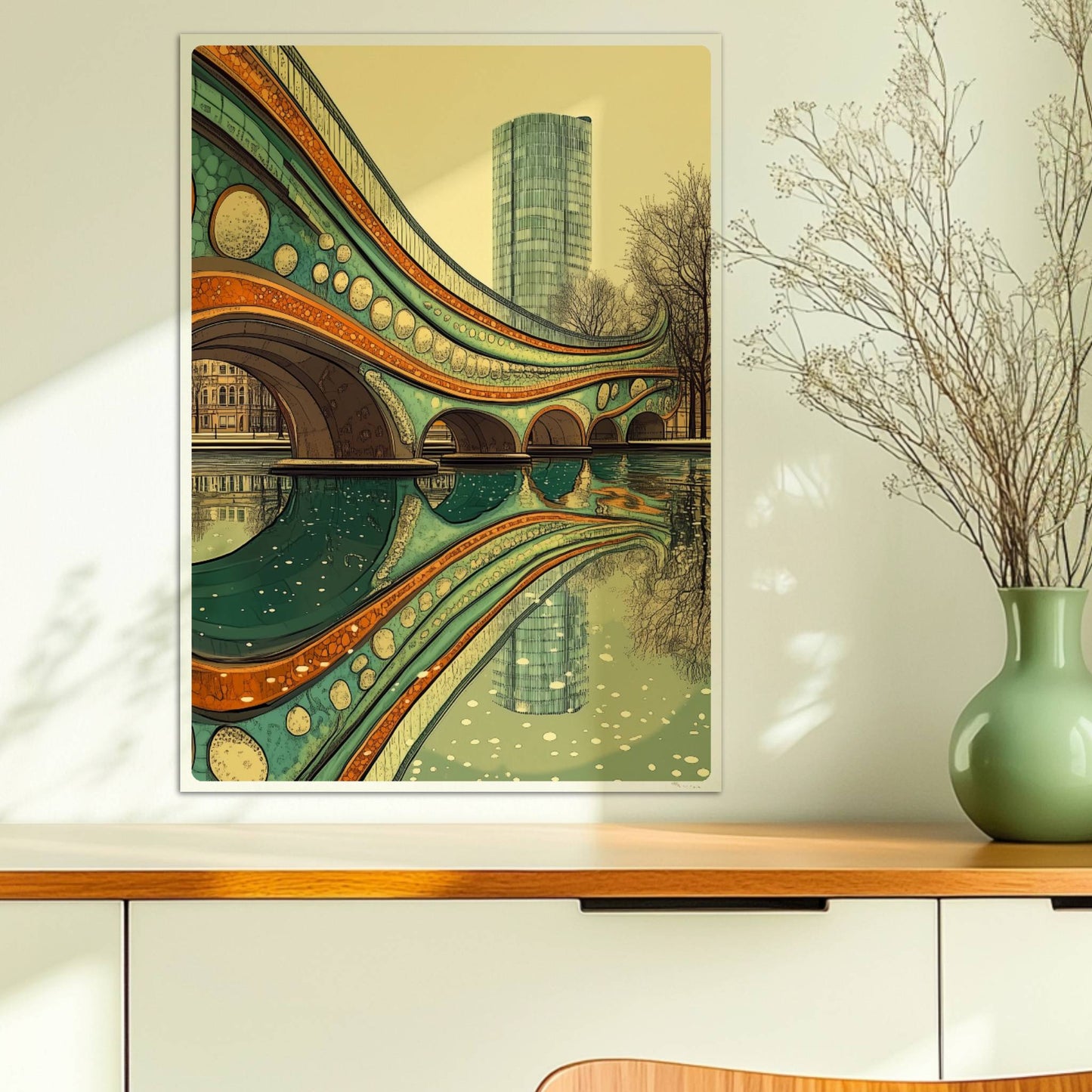 Futuristische Brücke mit organischen Bögen, leuchtenden Farben und Spiegelung im ruhigen Wasser vor moderner Stadtkulisse.. Ohne Rahmen 50x70