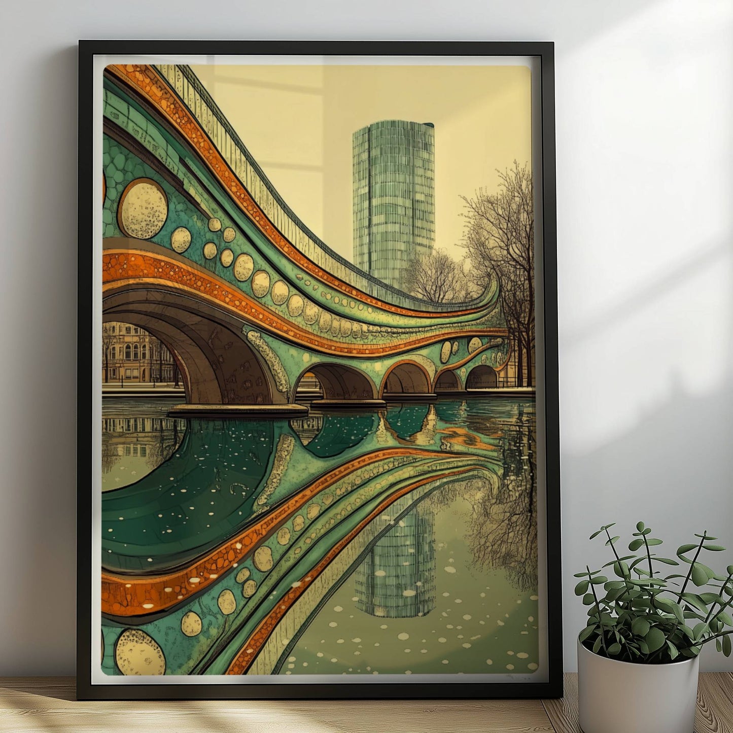 Futuristische Brücke mit organischen Bögen, leuchtenden Farben und Spiegelung im ruhigen Wasser vor moderner Stadtkulisse.. Rahmen schwarz 50x70