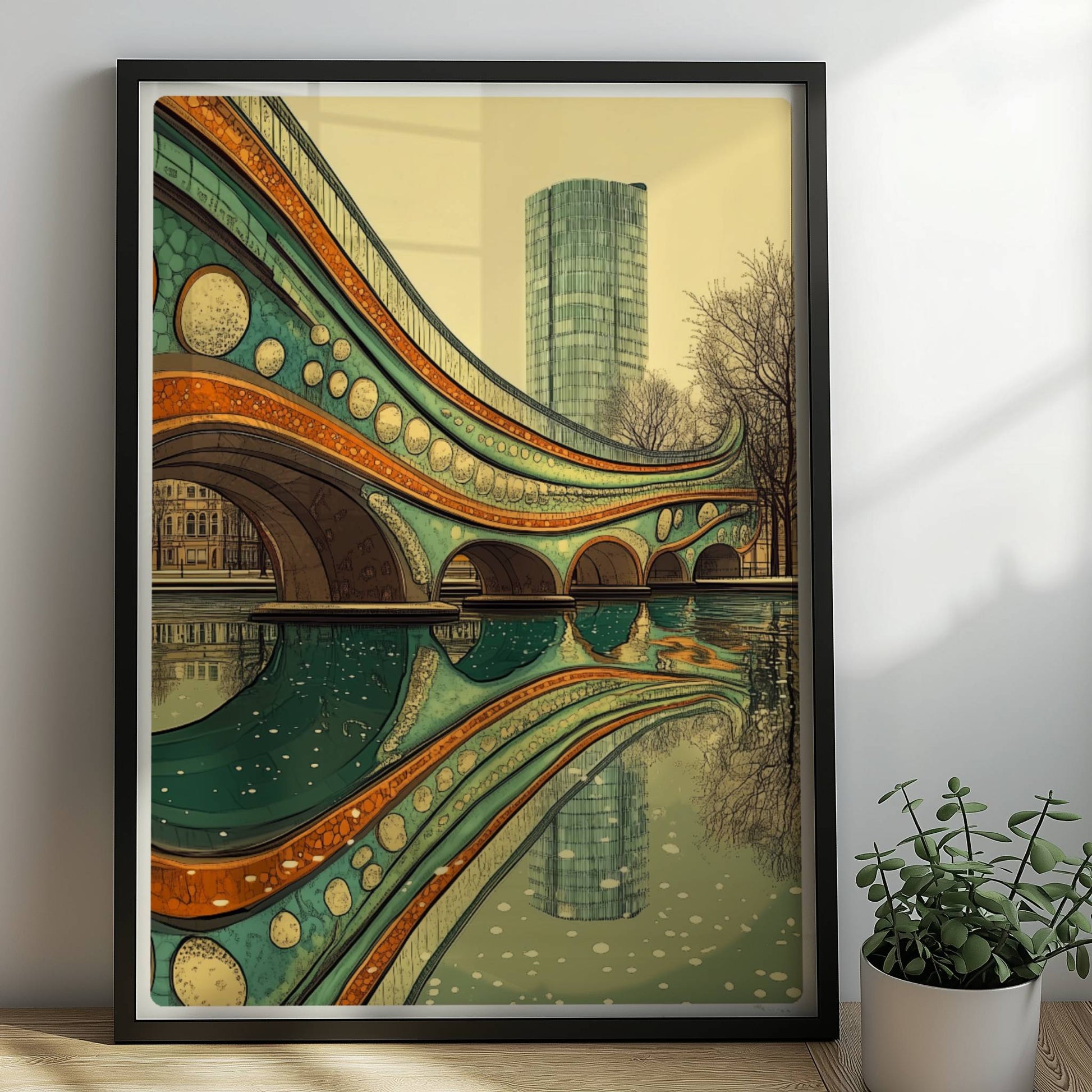 Futuristische Brücke mit organischen Bögen, leuchtenden Farben und Spiegelung im ruhigen Wasser vor moderner Stadtkulisse.. Rahmen schwarz 50x70