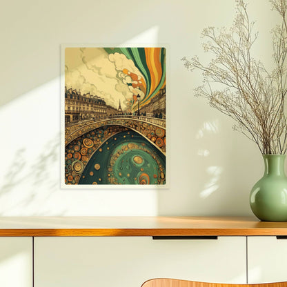 Pariser Brücke mit organischen Mustern, Blick auf den Eiffelturm und farbenfrohen Himmel im Jugendstil.. Ohne Rahmen 30x40
