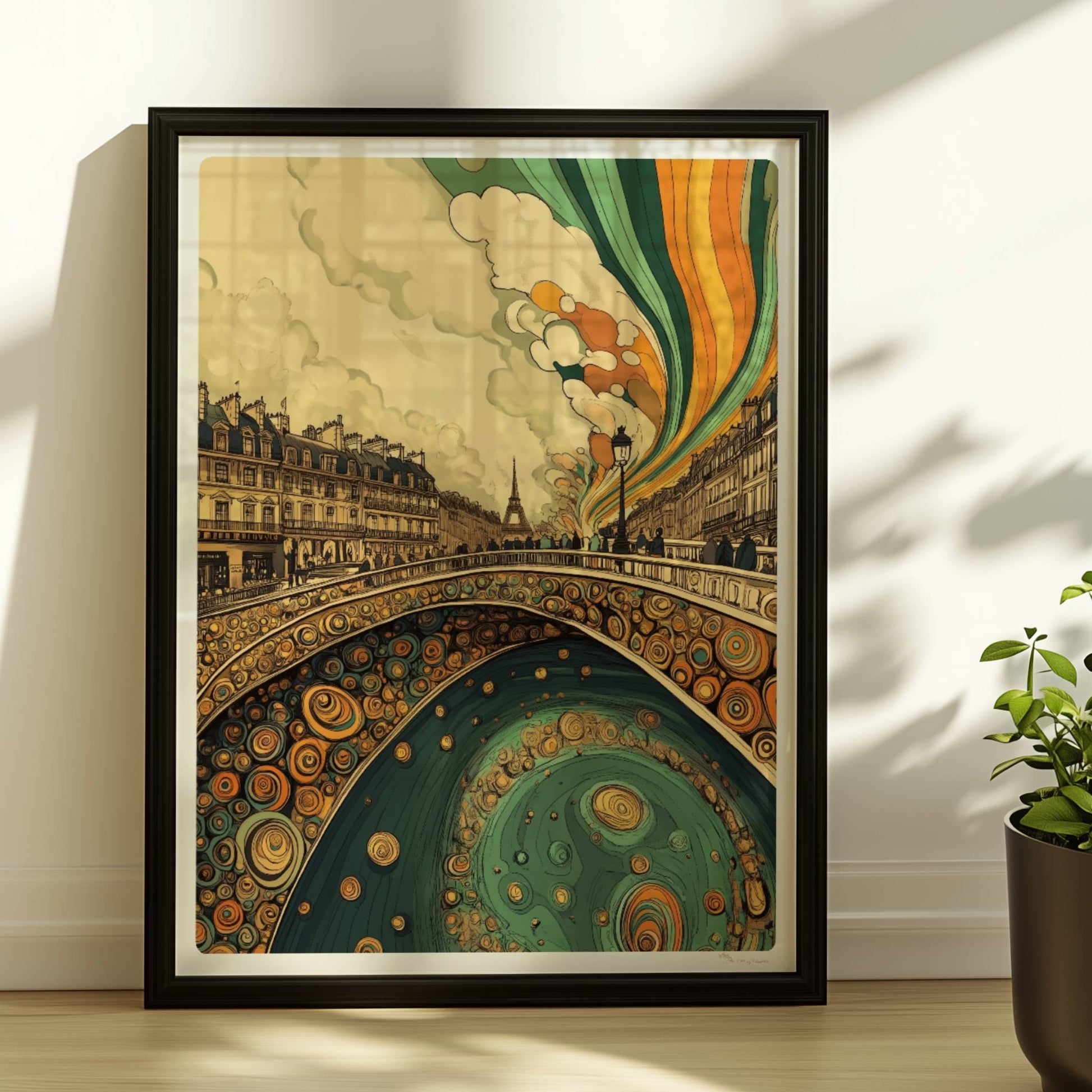 Pariser Brücke mit organischen Mustern, Blick auf den Eiffelturm und farbenfrohen Himmel im Jugendstil.. Rahmen schwarz 30x40