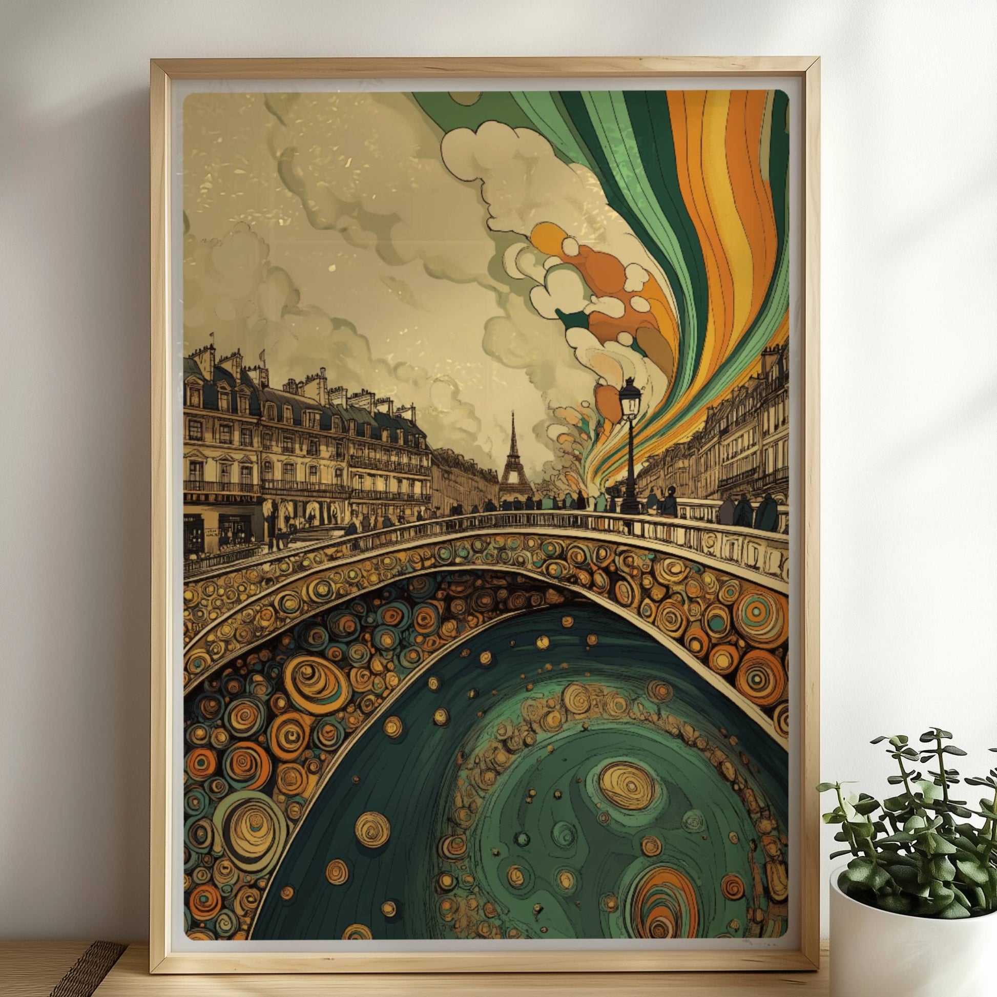 Pariser Brücke mit organischen Mustern, Blick auf den Eiffelturm und farbenfrohen Himmel im Jugendstil.. Rahmen natur 50x70