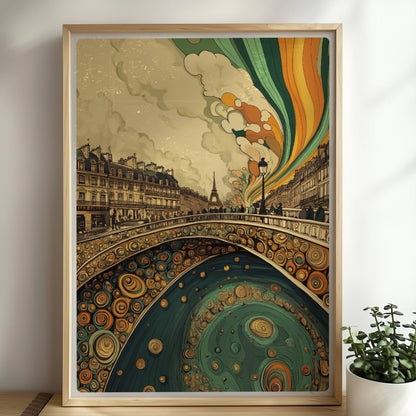 Pariser Brücke mit organischen Mustern, Blick auf den Eiffelturm und farbenfrohen Himmel im Jugendstil.. Rahmen natur 50x70