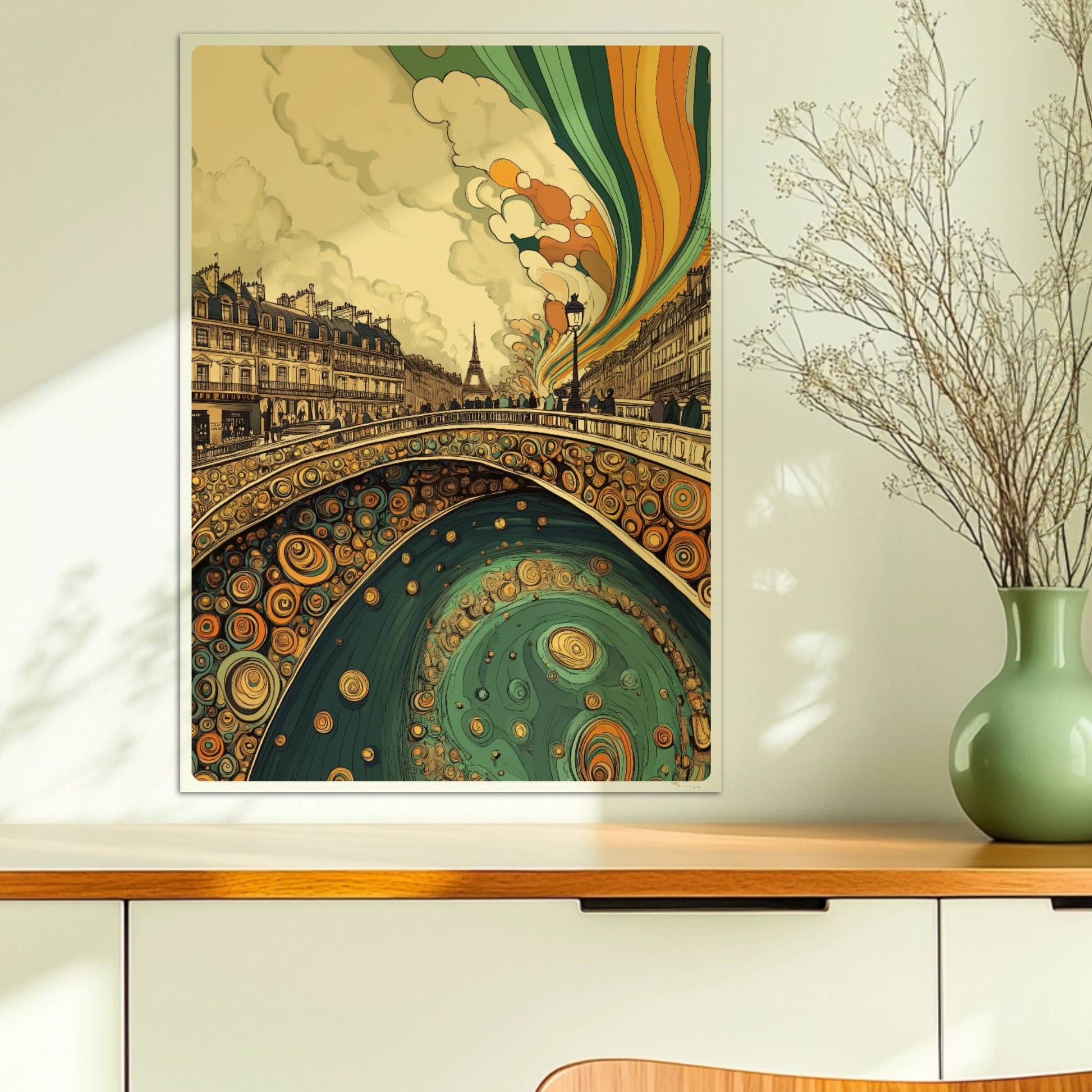 Pariser Brücke mit organischen Mustern, Blick auf den Eiffelturm und farbenfrohen Himmel im Jugendstil.. Ohne Rahmen 50x70