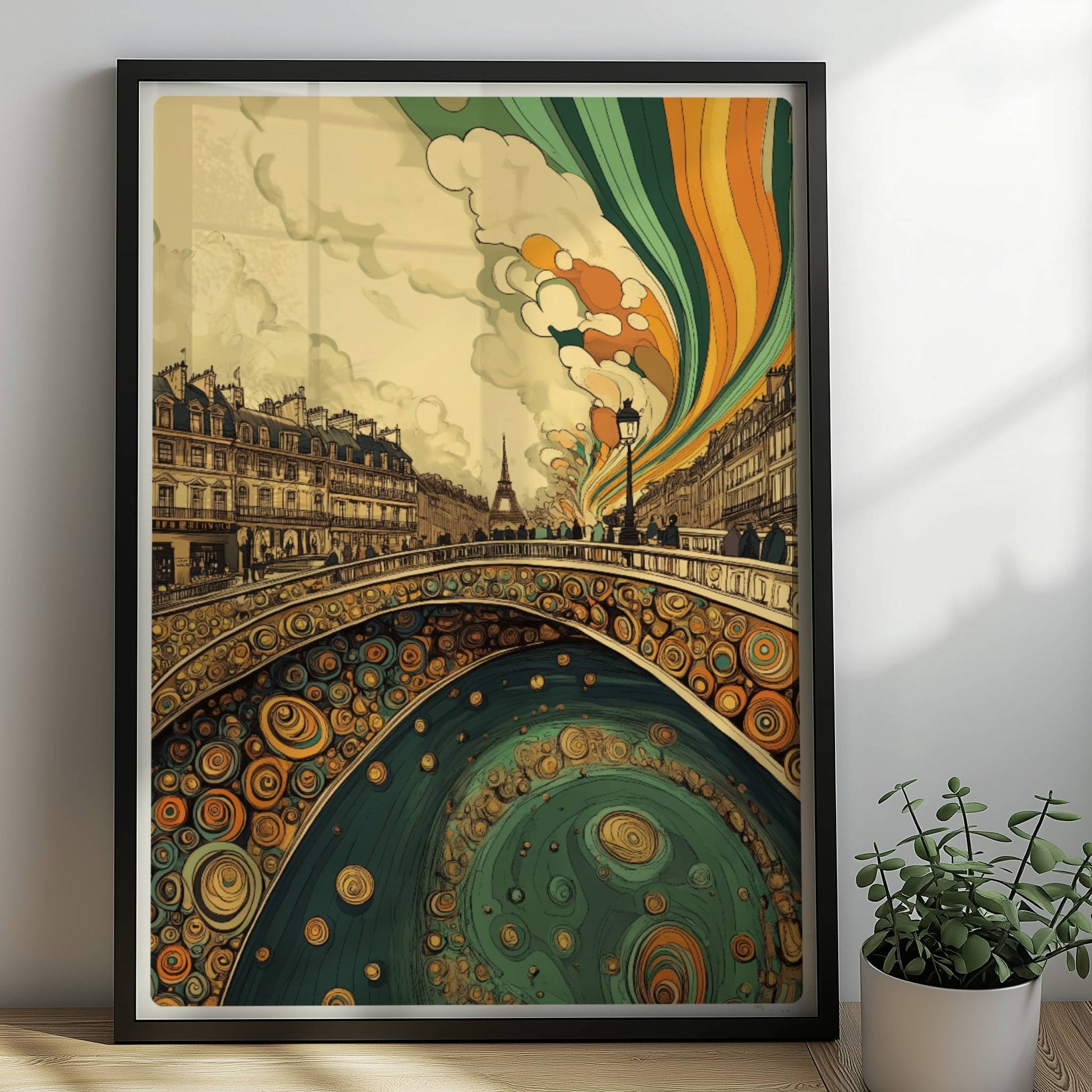 Pariser Brücke mit organischen Mustern, Blick auf den Eiffelturm und farbenfrohen Himmel im Jugendstil.. Rahmen schwarz 50x70