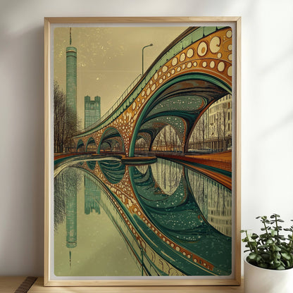 Moderne Brücke mit organischen Bögen und kreisförmigen Mustern, Spiegelung im Wasser und Stadtansicht im Hintergrund.. Rahmen natur 50x70