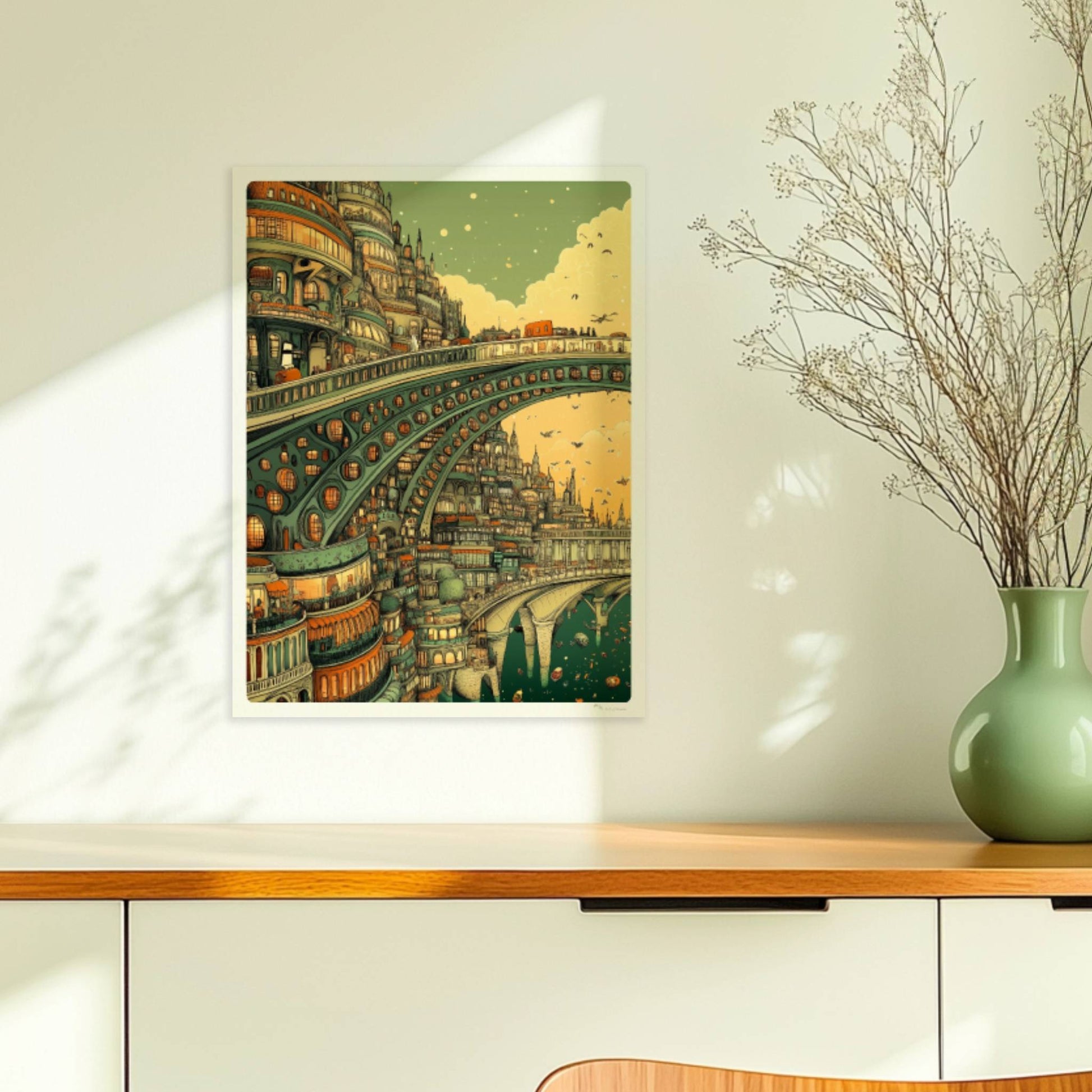 Futuristische Stadt mit monumentaler Brücke und organischen Bögen, umgeben von Türmen und Gebäuden im Abendlicht.. Ohne Rahmen 30x40