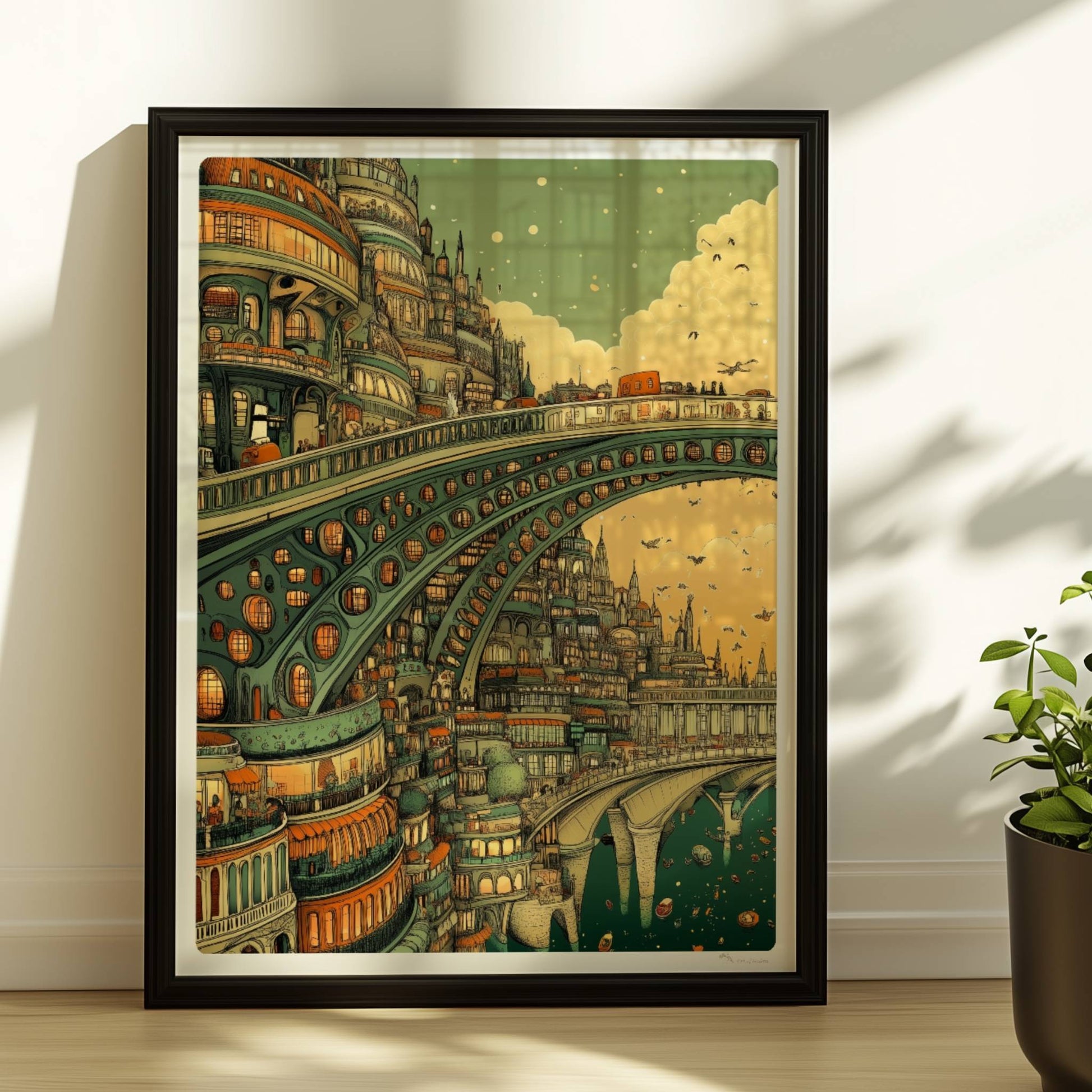 Futuristische Stadt mit monumentaler Brücke und organischen Bögen, umgeben von Türmen und Gebäuden im Abendlicht.. Rahmen schwarz 30x40