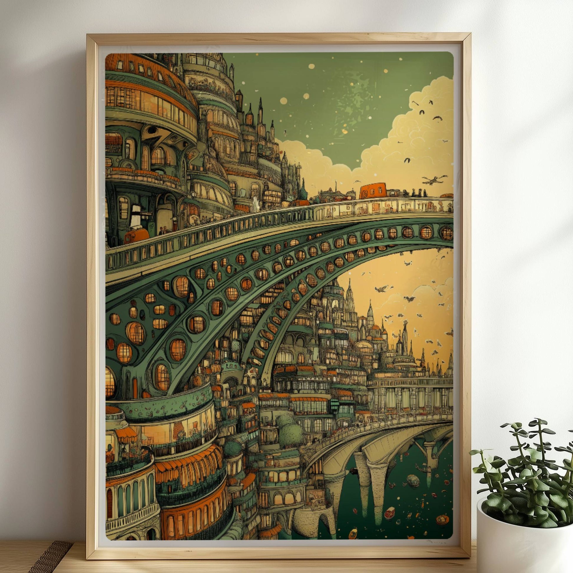 Futuristische Stadt mit monumentaler Brücke und organischen Bögen, umgeben von Türmen und Gebäuden im Abendlicht.. Rahmen natur 50x70
