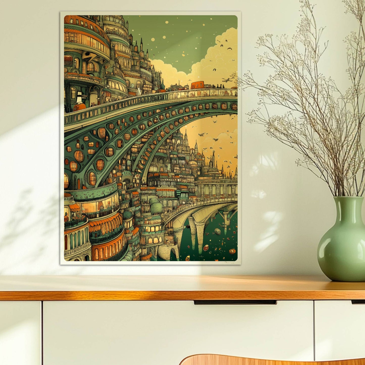 Futuristische Stadt mit monumentaler Brücke und organischen Bögen, umgeben von Türmen und Gebäuden im Abendlicht.. Ohne Rahmen 50x70