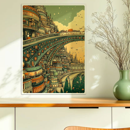 Futuristische Stadt mit monumentaler Brücke und organischen Bögen, umgeben von Türmen und Gebäuden im Abendlicht.. Ohne Rahmen 50x70