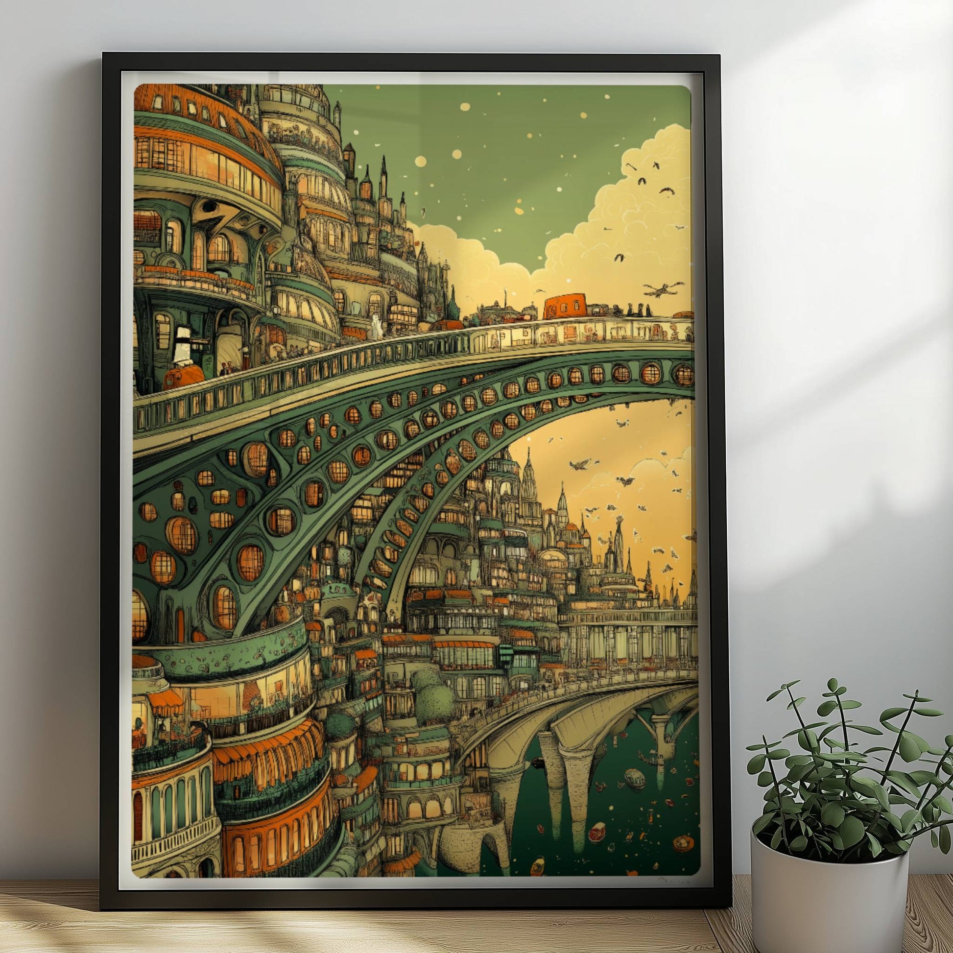Futuristische Stadt mit monumentaler Brücke und organischen Bögen, umgeben von Türmen und Gebäuden im Abendlicht.. Rahmen schwarz 50x70