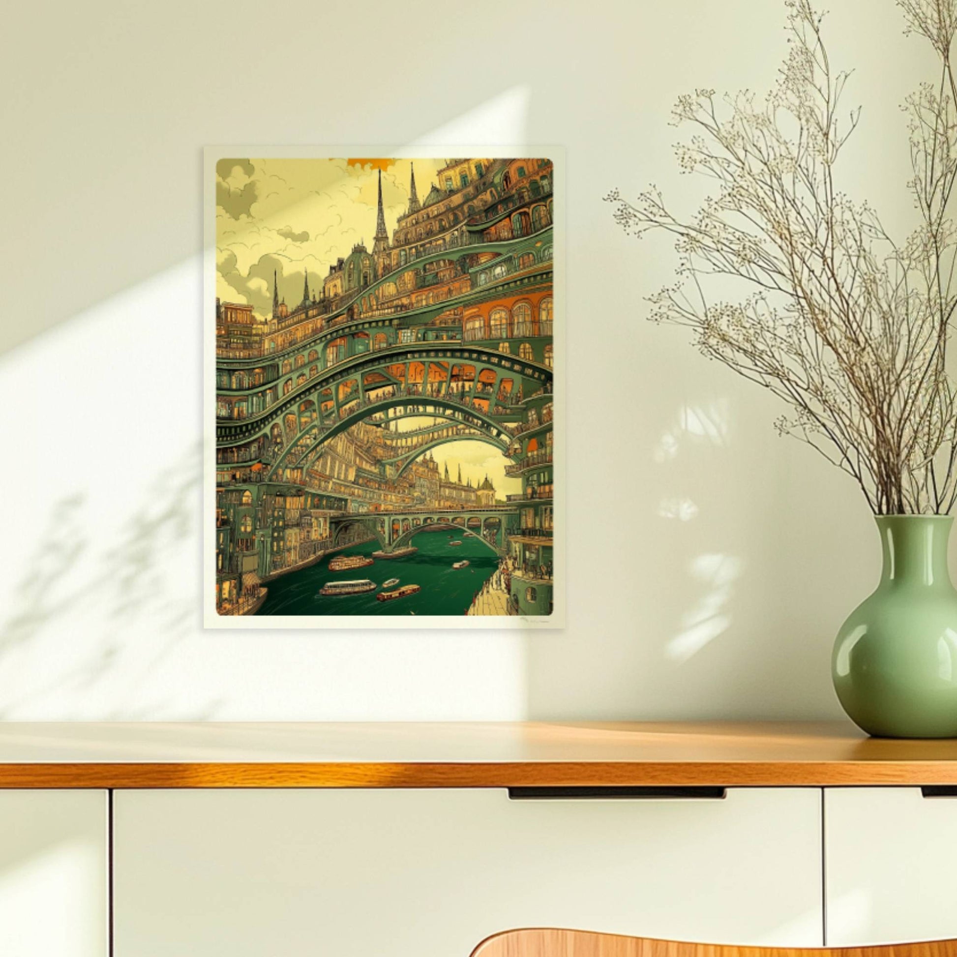 Mehrstöckige Brücken und verzierte Stadtarchitektur über einem Fluss mit Booten, im Stil eines fantasievollen Städtebildes.. Ohne Rahmen 30x40