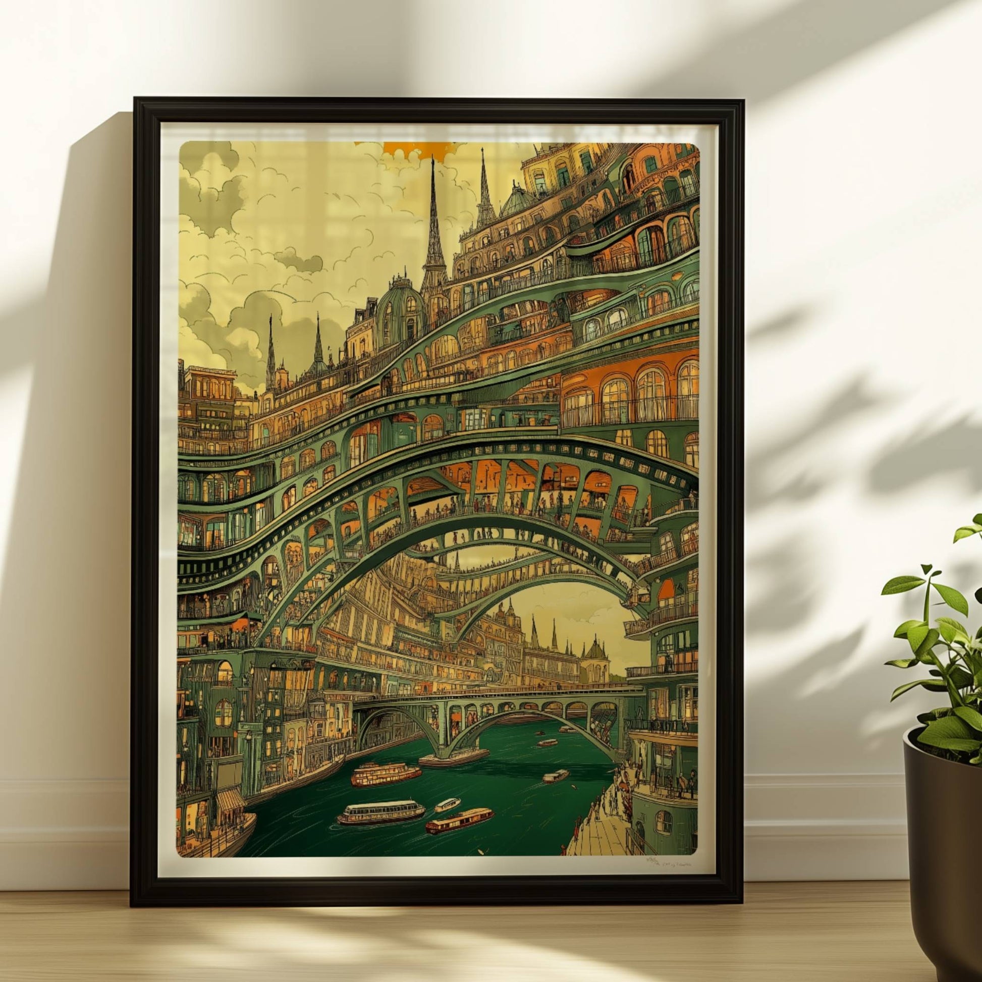 Mehrstöckige Brücken und verzierte Stadtarchitektur über einem Fluss mit Booten, im Stil eines fantasievollen Städtebildes.. Rahmen schwarz 30x40