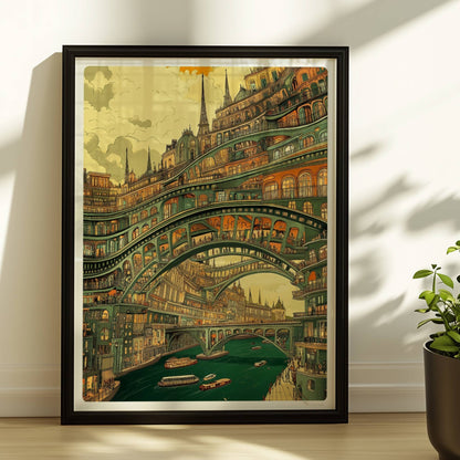 Mehrstöckige Brücken und verzierte Stadtarchitektur über einem Fluss mit Booten, im Stil eines fantasievollen Städtebildes.. Rahmen schwarz 30x40
