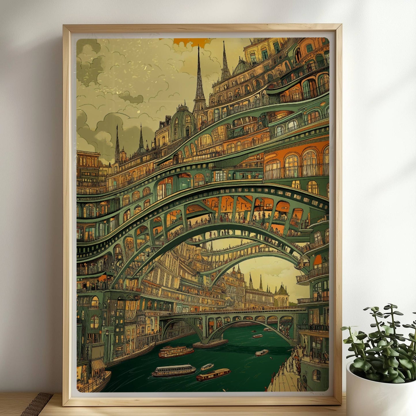Mehrstöckige Brücken und verzierte Stadtarchitektur über einem Fluss mit Booten, im Stil eines fantasievollen Städtebildes.. Rahmen natur 50x70